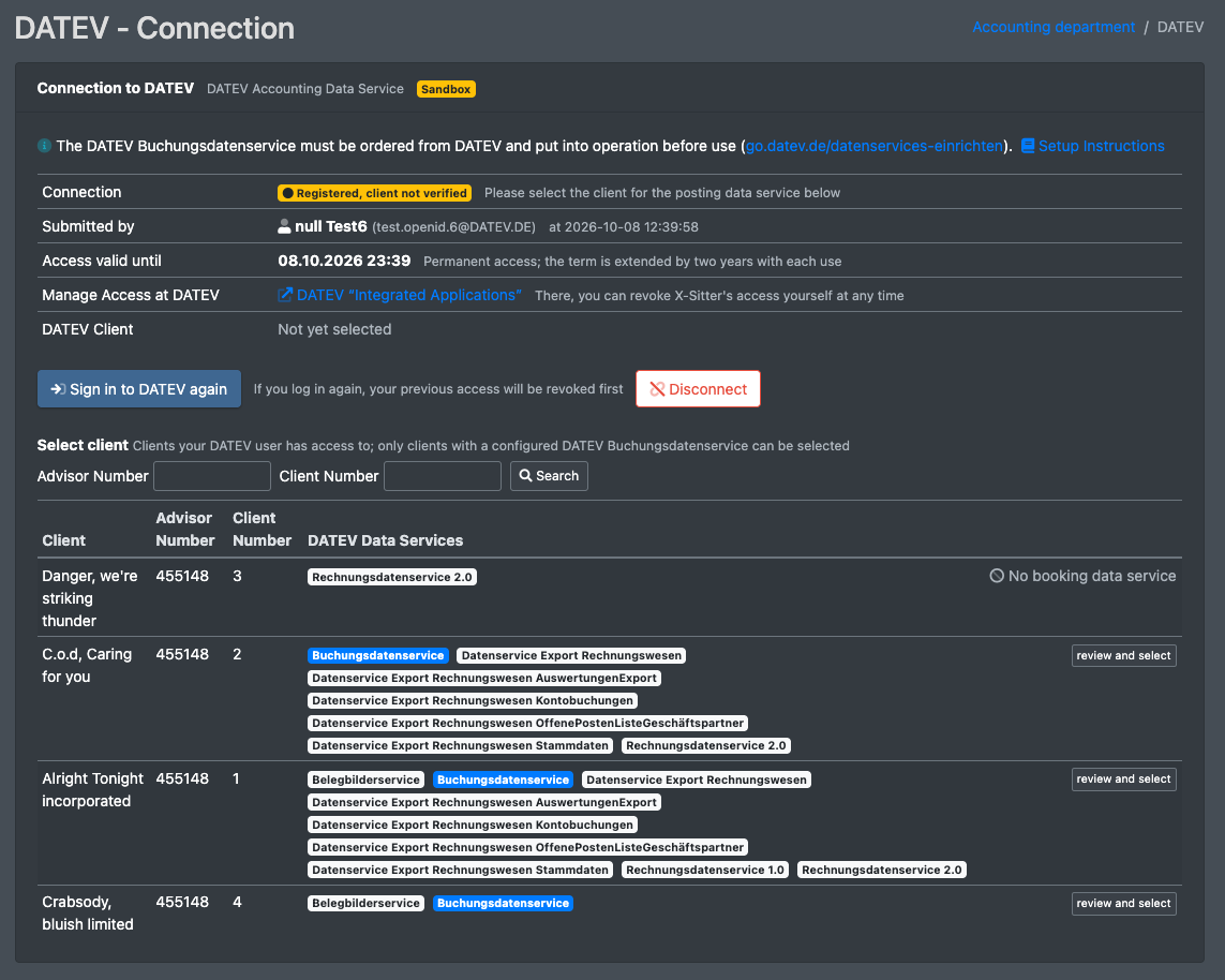 Screenshot: DATEV connection page with the status "connected", "Logged in by" and "Access valid until"