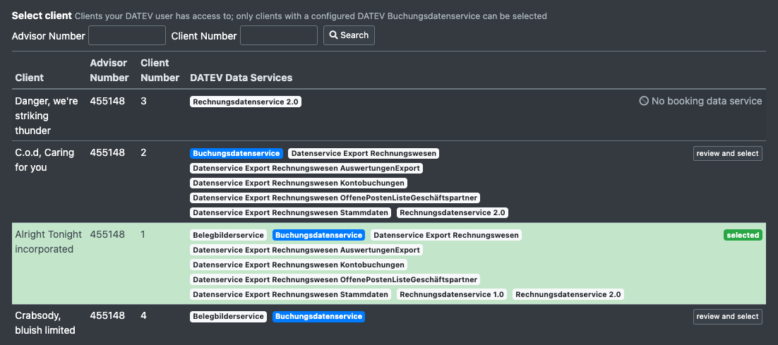 Screenshot: List "Select client" with filter by advisor and client number and the button "review and select"