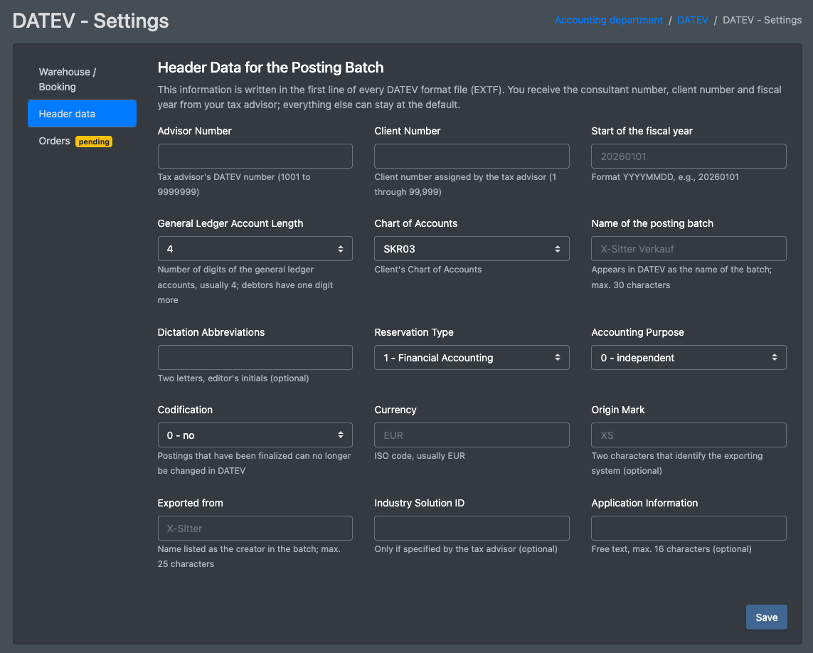 Screenshot: DATEV settings, tab "Header data" with advisor number, client number, start of the financial year and chart of accounts