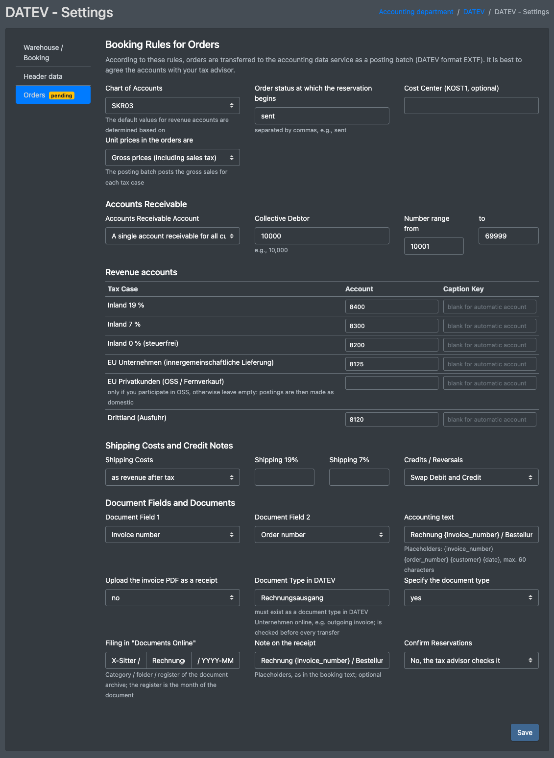 Screenshot: DATEV settings, tab "Orders" with debtor account, revenue accounts per tax case and shipping costs