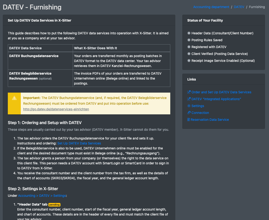 Screenshot: Page "Setup instructions" with the box "Status of your setup" and its checkmarks
