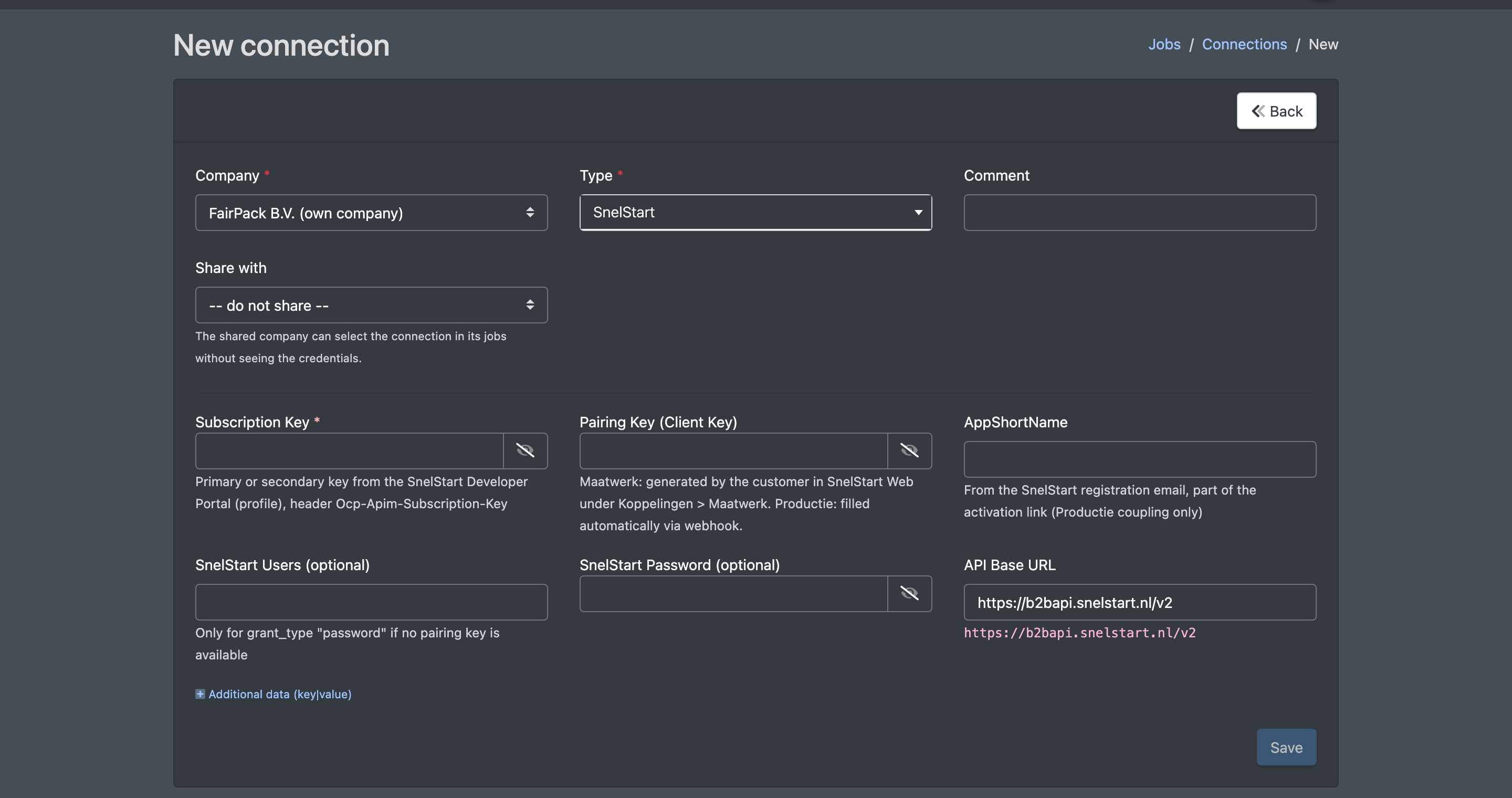 Screenshot: Connection form of the type SnelStart with Subscription Key, pairing key, AppShortName, user, password and API base URL
