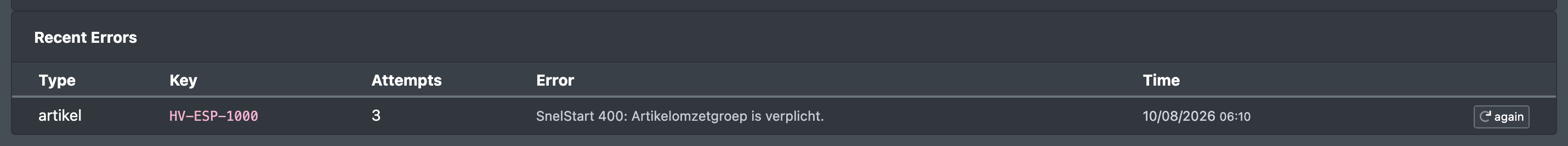 Screenshot: Card "Recent Errors" with one failed item, its error message and the button "again"