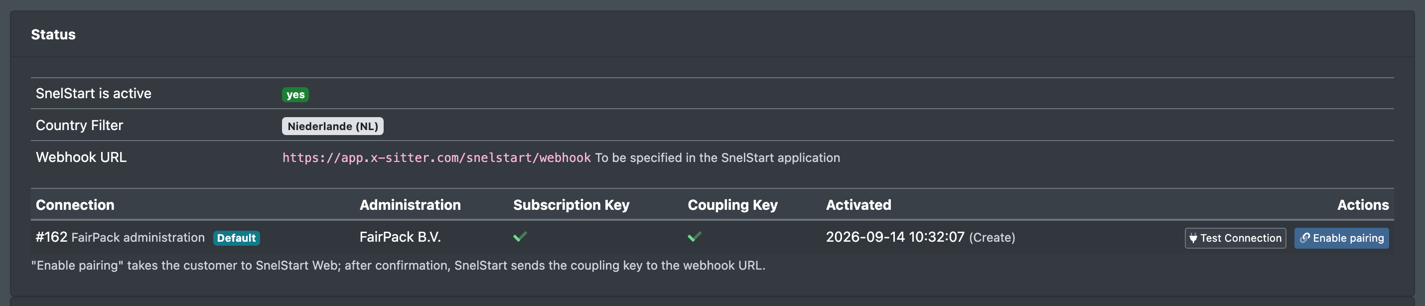Screenshot: SnelStart page, card "Status" with SnelStart active, country filter, webhook URL and the connection list with the buttons "Test Connection" and "Enable pairing"