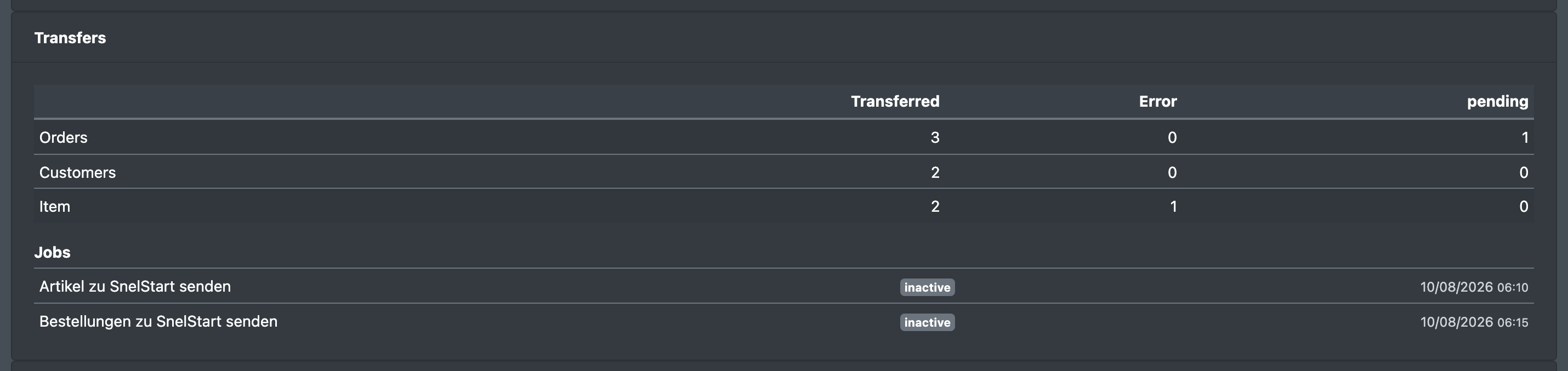 Screenshot: Card "Transfers" with the counters for orders, customers and items and the list of SnelStart jobs