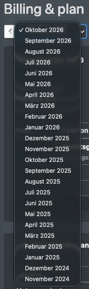 Screenshot: Month selector with the previous/next arrows and the opened month list