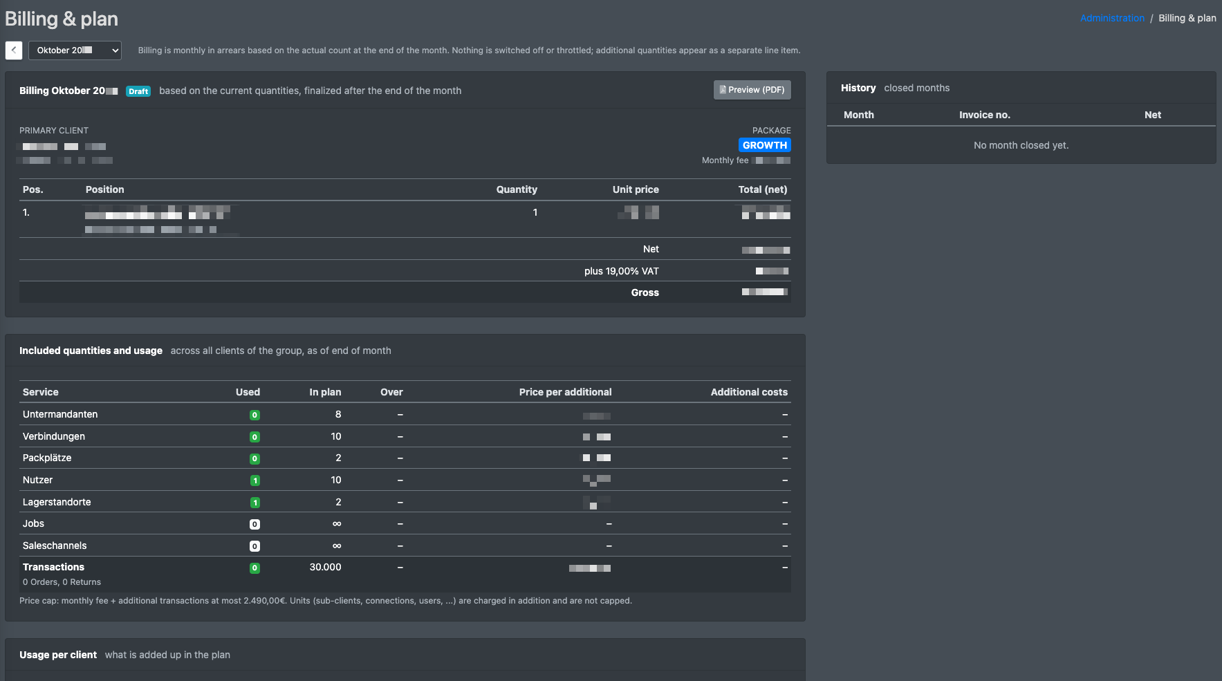 Screenshot: Billing & package page with the month selector, the billing card, the included quantities card and the history on the right