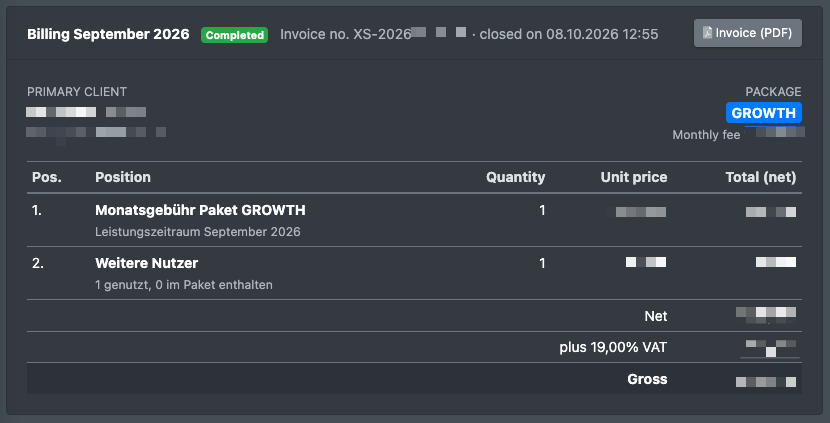 Screenshot: Billing card for a closed month with status Completed, invoice number, items and the net/VAT/gross totals