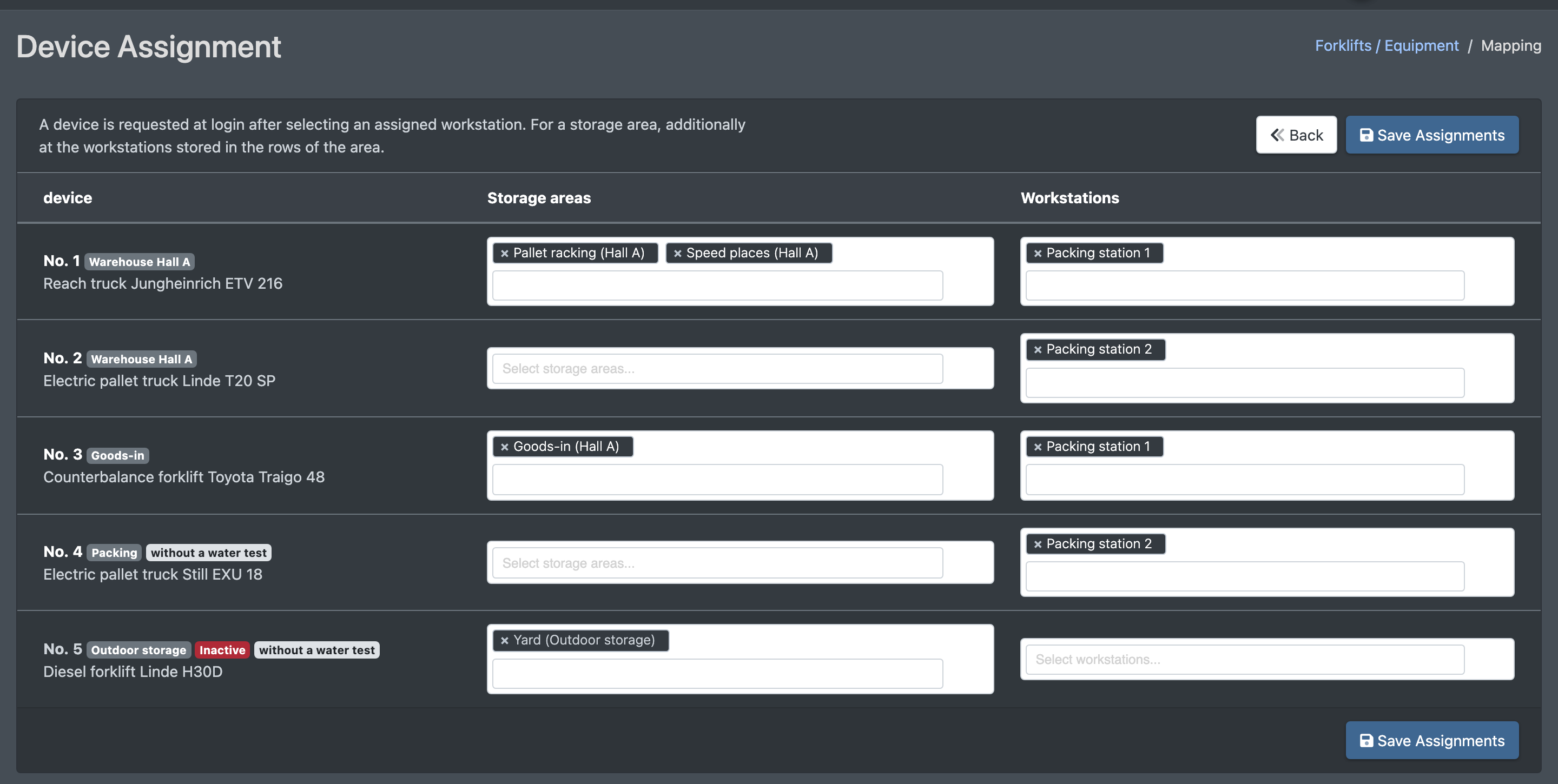 Screenshot: Device Assignment tab with one row per device and the storage area and workstation multi-selects