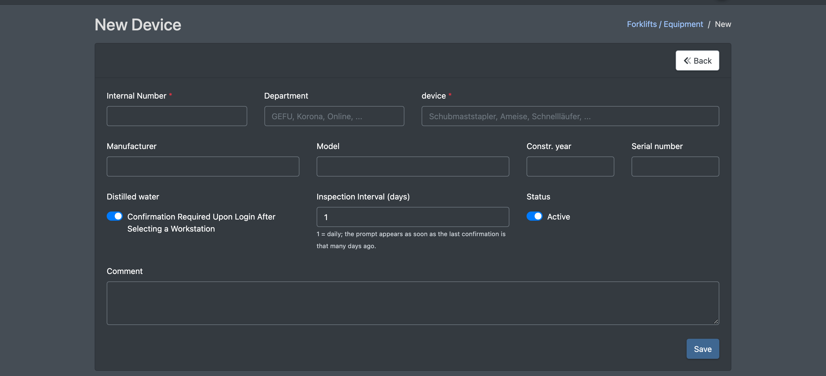 Screenshot: New Device form with internal number, department, device, manufacturer, model, year, serial number, distilled water checkbox and inspection interval