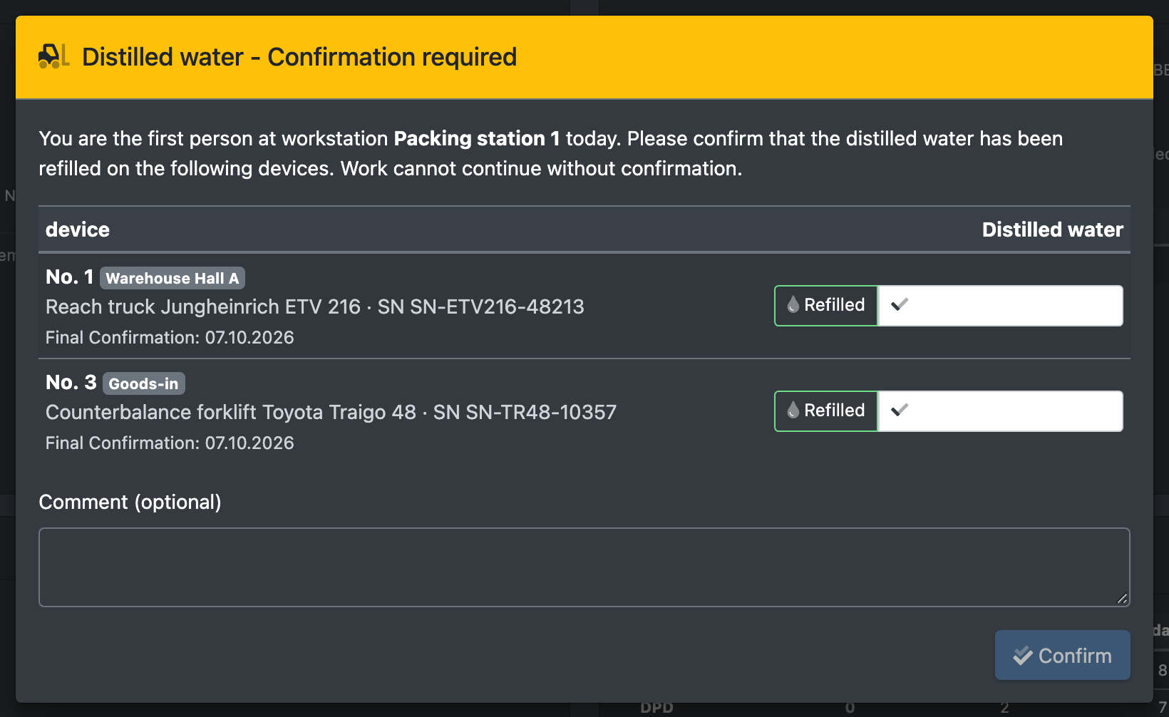 Screenshot: Distilled water confirmation dialog at login with two devices and the Refilled / Checked options