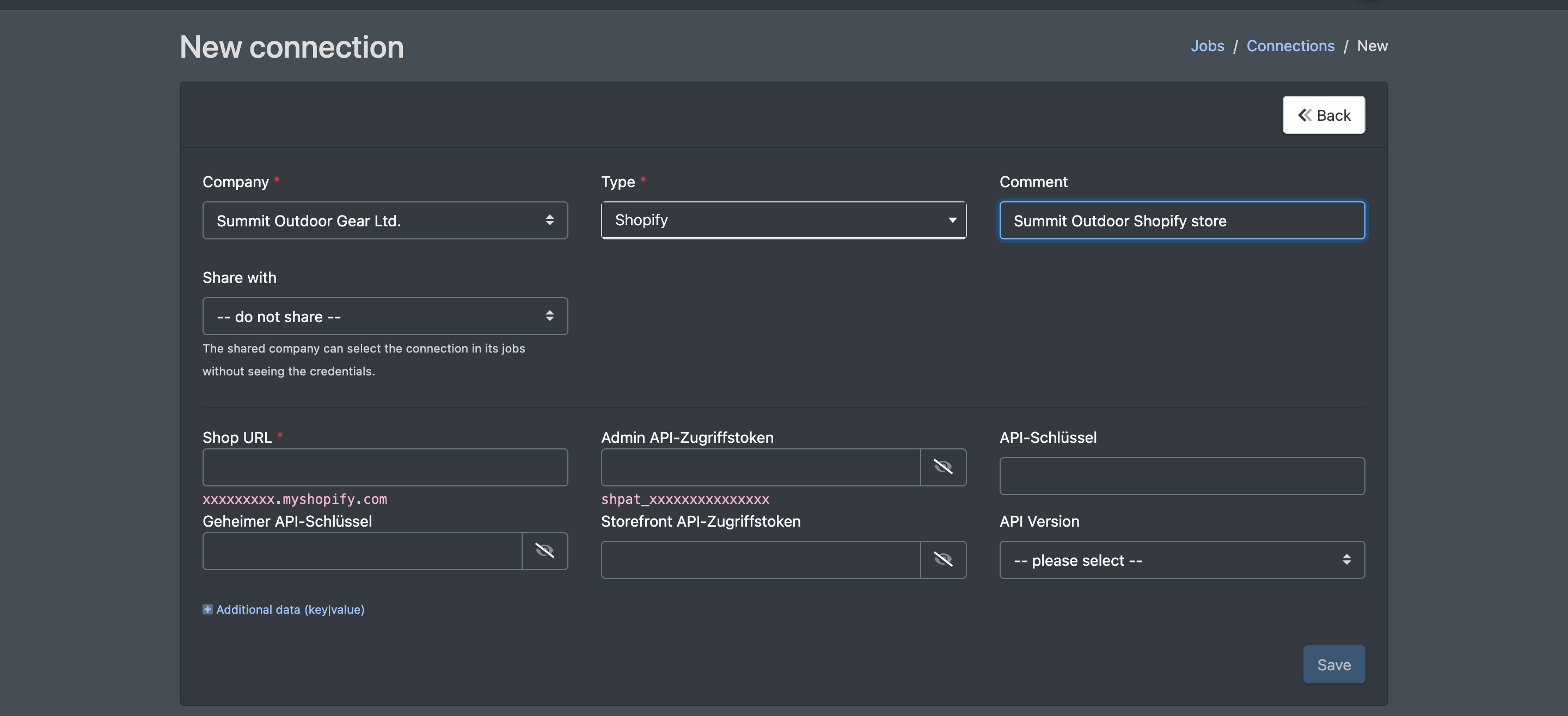 Screenshot: New connection form with company, type, comment, share with and the credential fields of the chosen type
