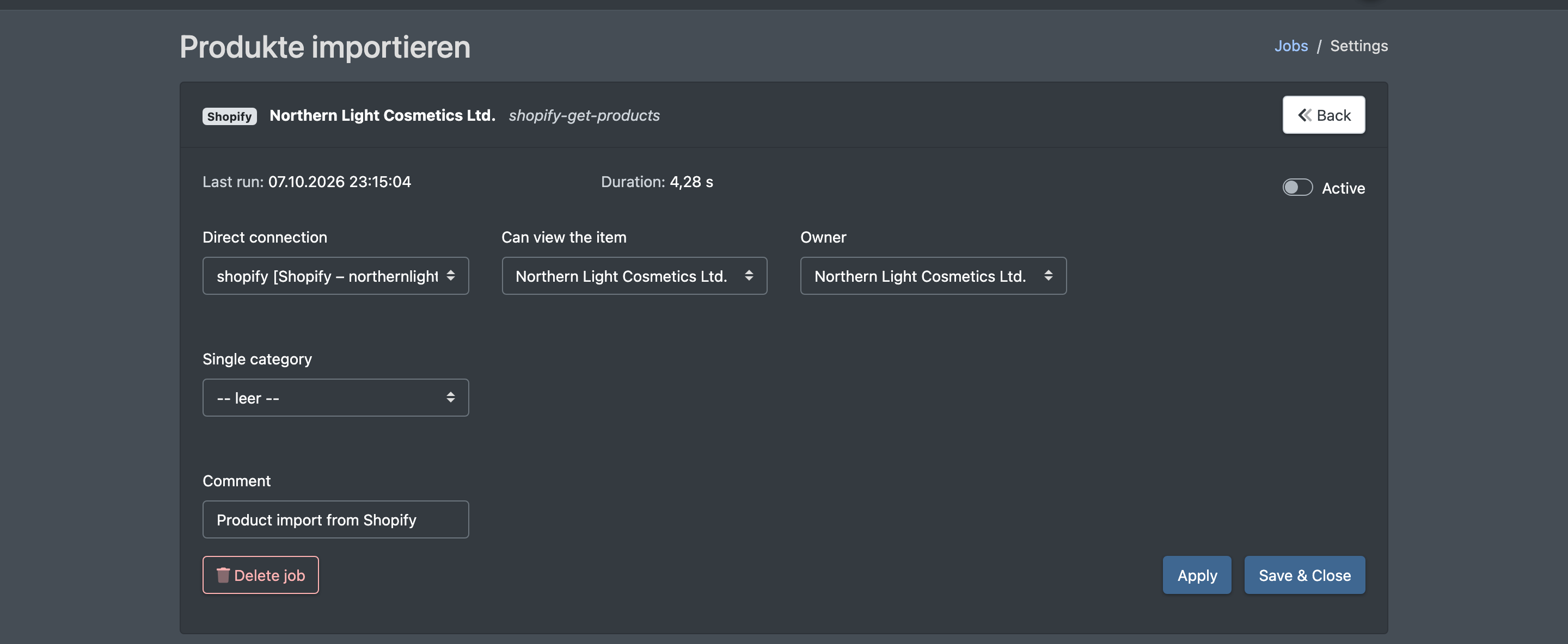Screenshot: Job settings page with group badge, company name, last run, duration, the Active switch, the job-specific fields and the Apply / Save & Close buttons