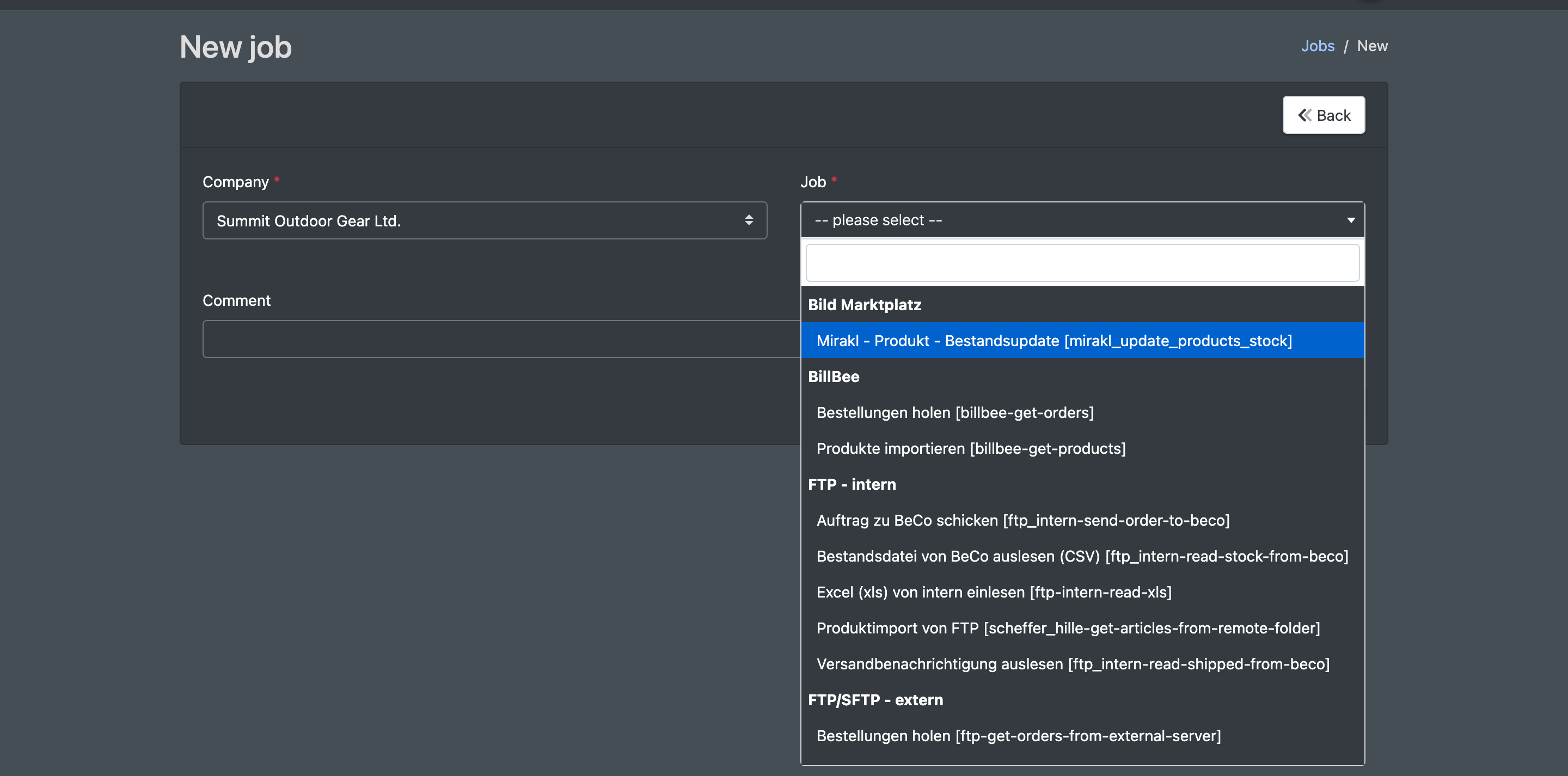Screenshot: New job form with the company dropdown and the grouped job list opened