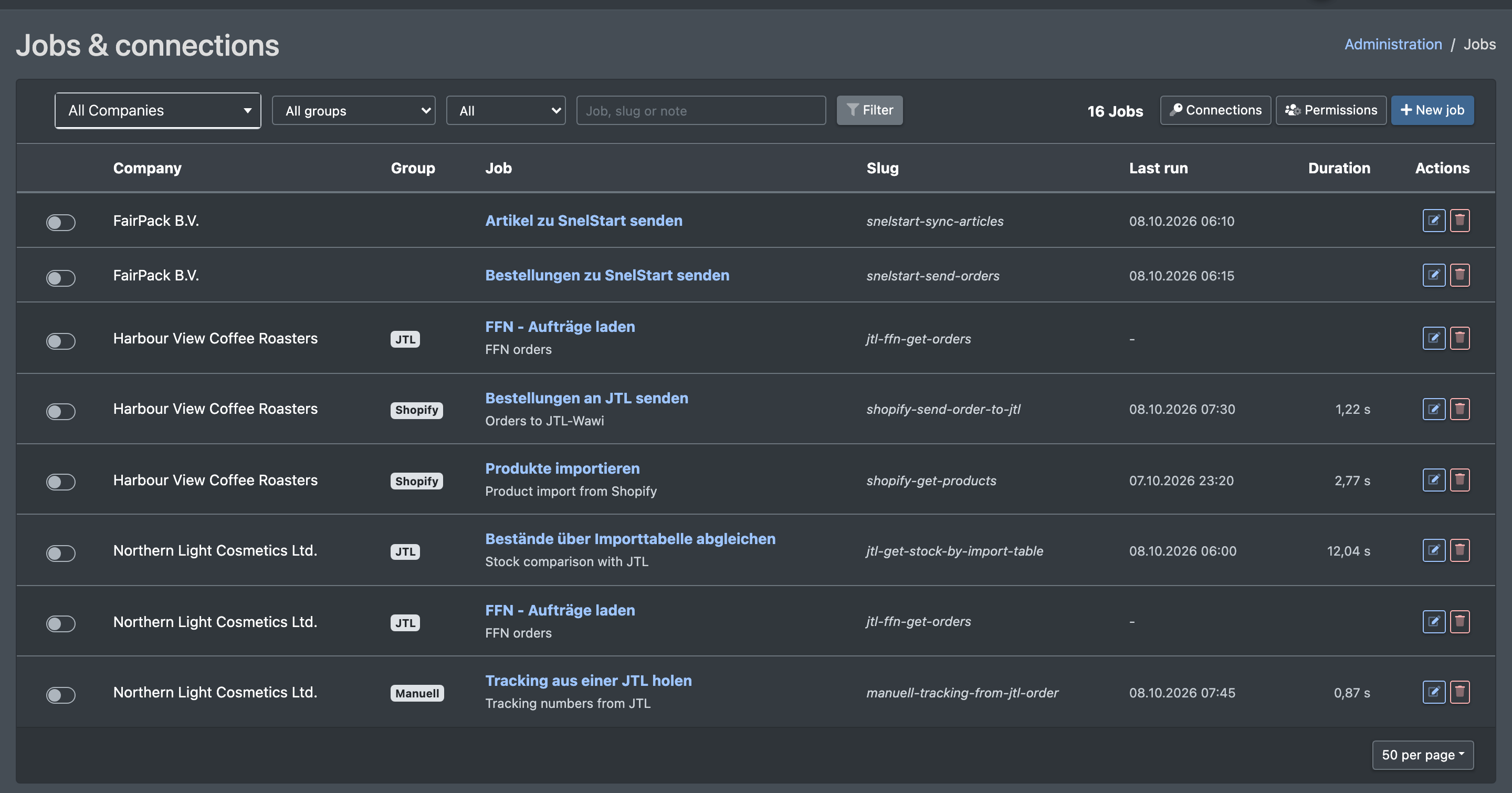 Screenshot: Jobs overview with the company, group and status filters, the job list with active switches and the buttons Connections, Releases and New job