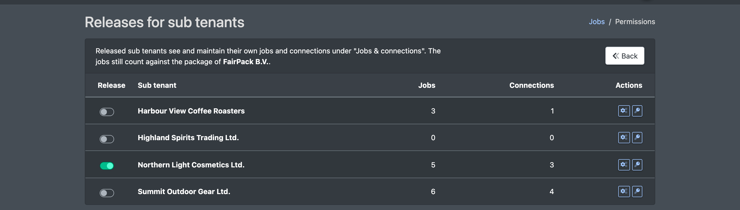 Screenshot: Releases for sub tenants page with release switches, client names and job/connection counts