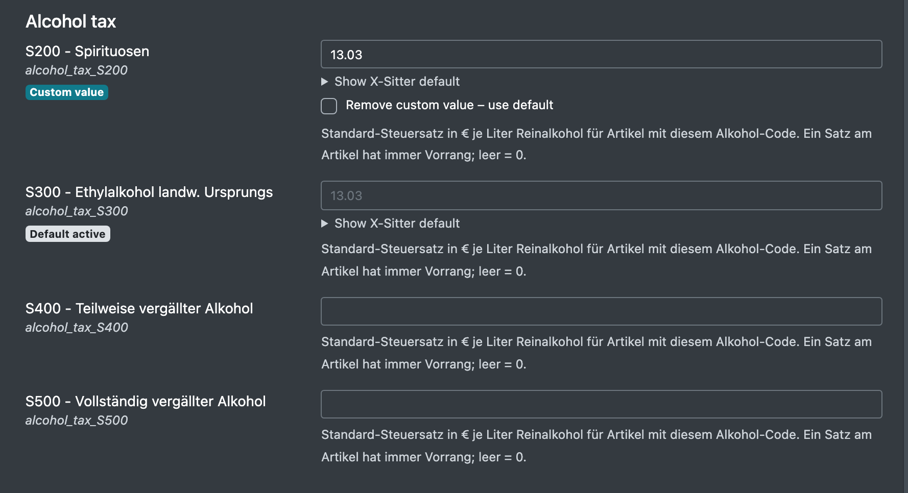 Screenshot: Alcohol tax section with the rate fields per alcohol code, some showing "Default active"