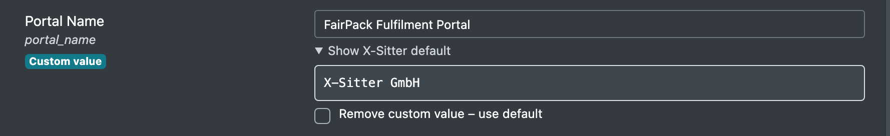 Screenshot: A settings field with the "Custom value" badge, the expanded "Show X-Sitter default" area and the reset checkbox