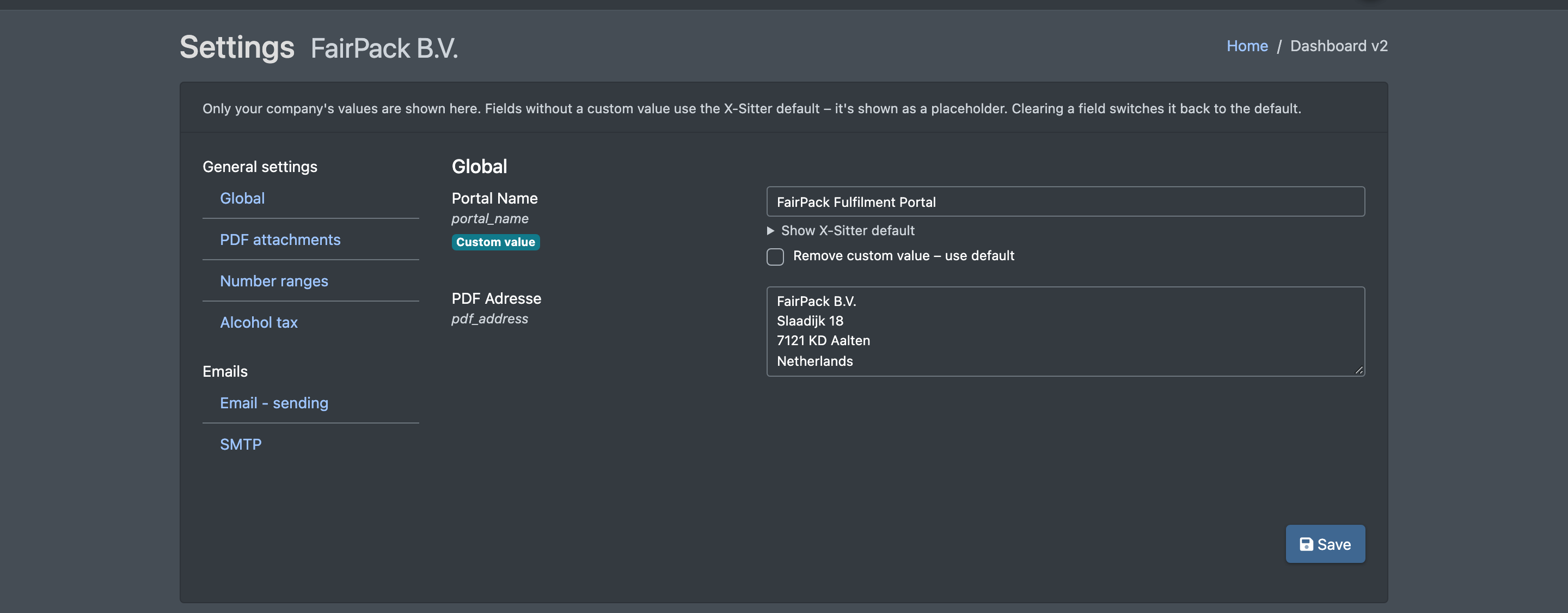 Screenshot: Settings page with the section menu on the left (General settings, Emails) and the fields of the "Global" section on the right