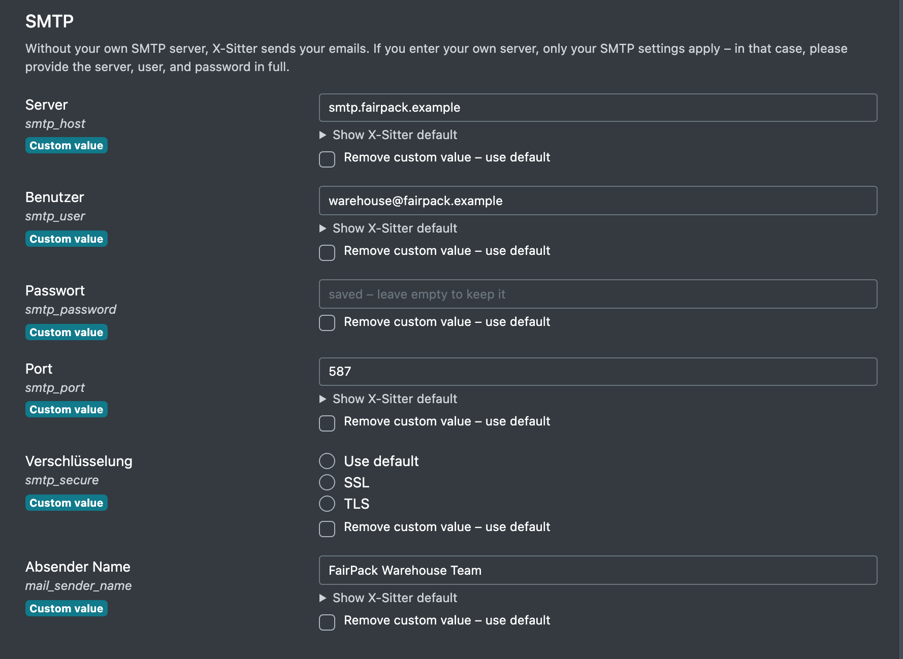 Screenshot: SMTP section with server, user, password (saved placeholder), port and the SSL/TLS encryption options