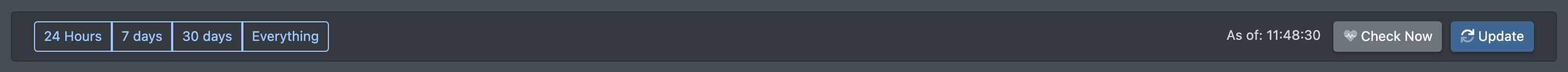 Screenshot: Period selection with "7 days" active and the buttons Update and Check now