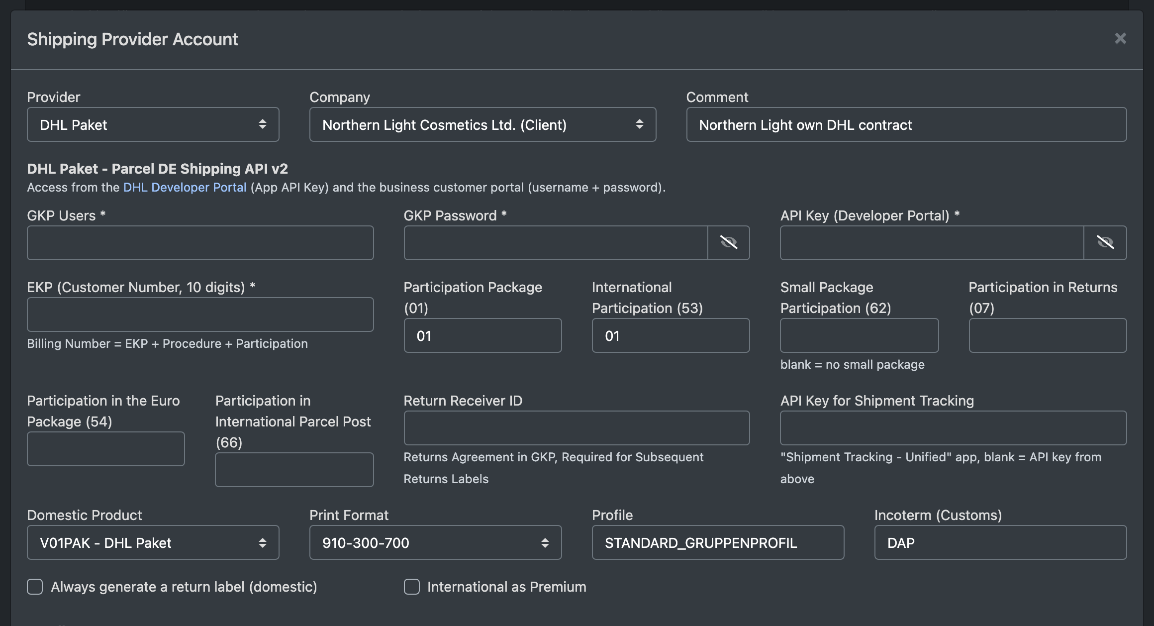 Screenshot: Dialog "Access to Shipping Providers" with provider DHL selected, company dropdown, comment and the DHL credential fields