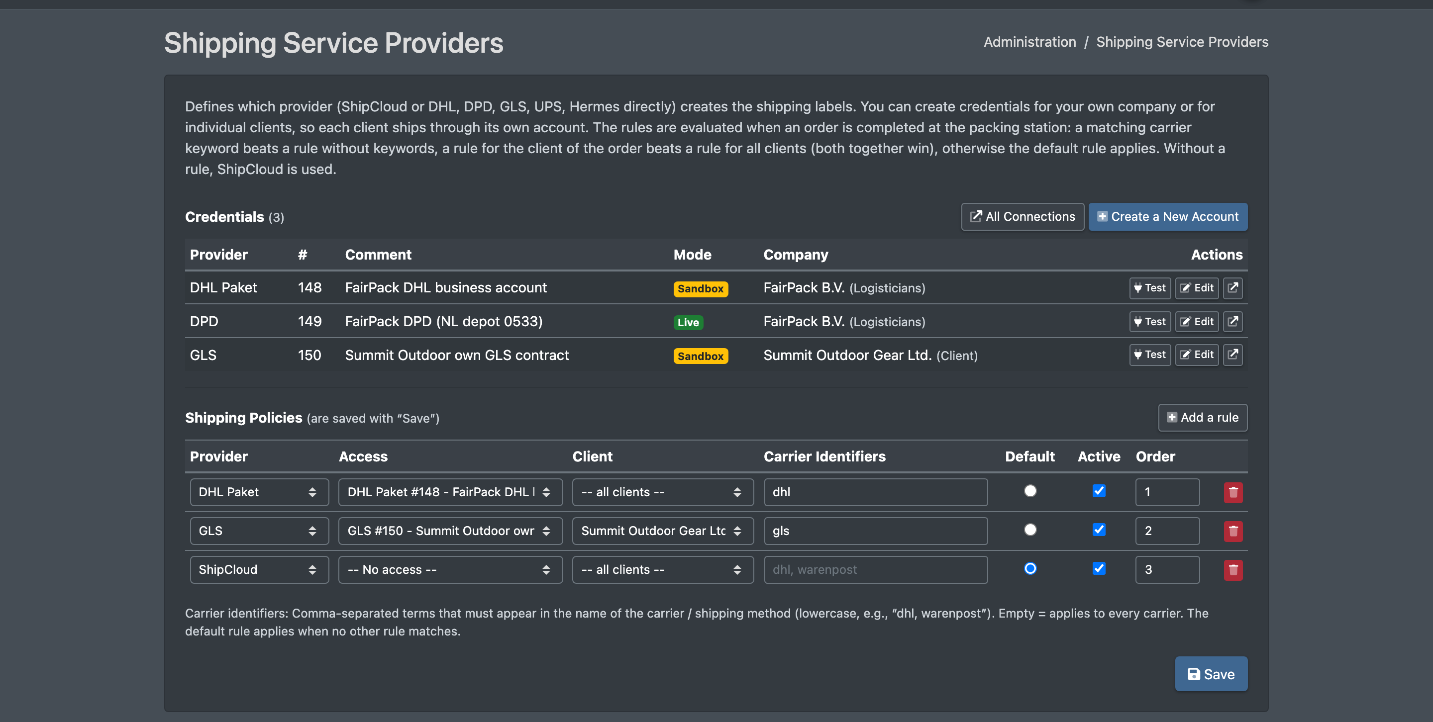 Screenshot: Shipping providers page with the Accounts card on top and the Shipping rules card below
