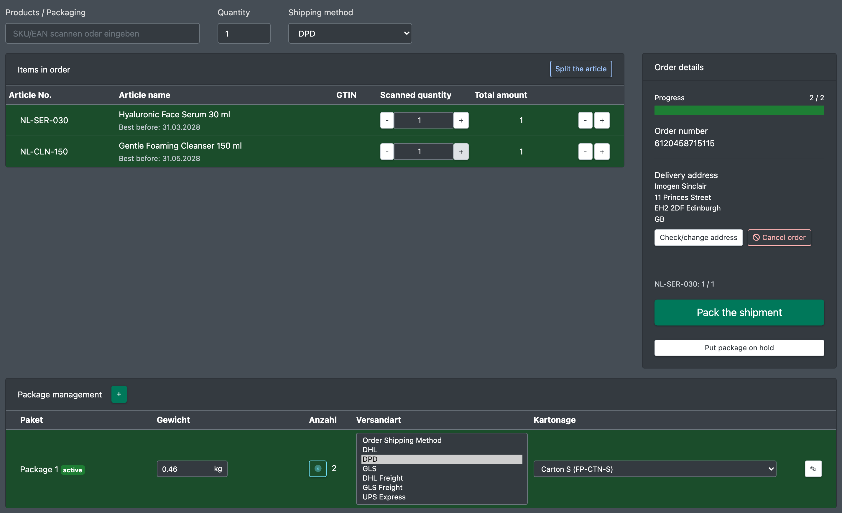 Screenshot: Packing station completing a parcel, with the carrier selection that is used for the rule matching
