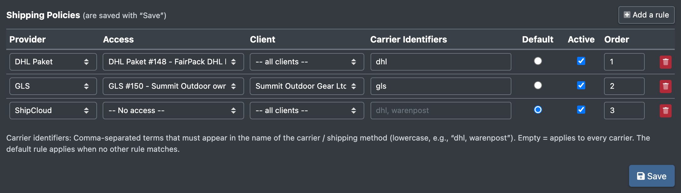 Screenshot: Shipping rules table with three rules – DHL for all clients with identifier "dhl", GLS for one client, ShipCloud as default