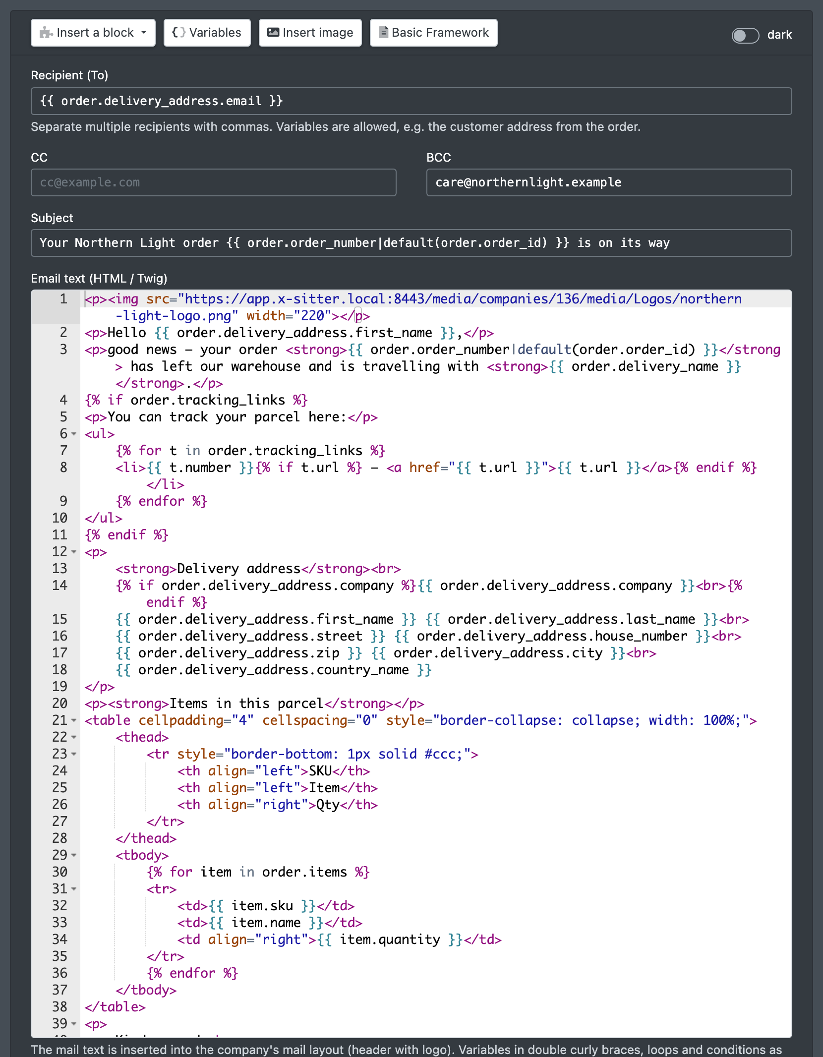 Screenshot: Email template editor with recipient, subject, mail text and the toolbar