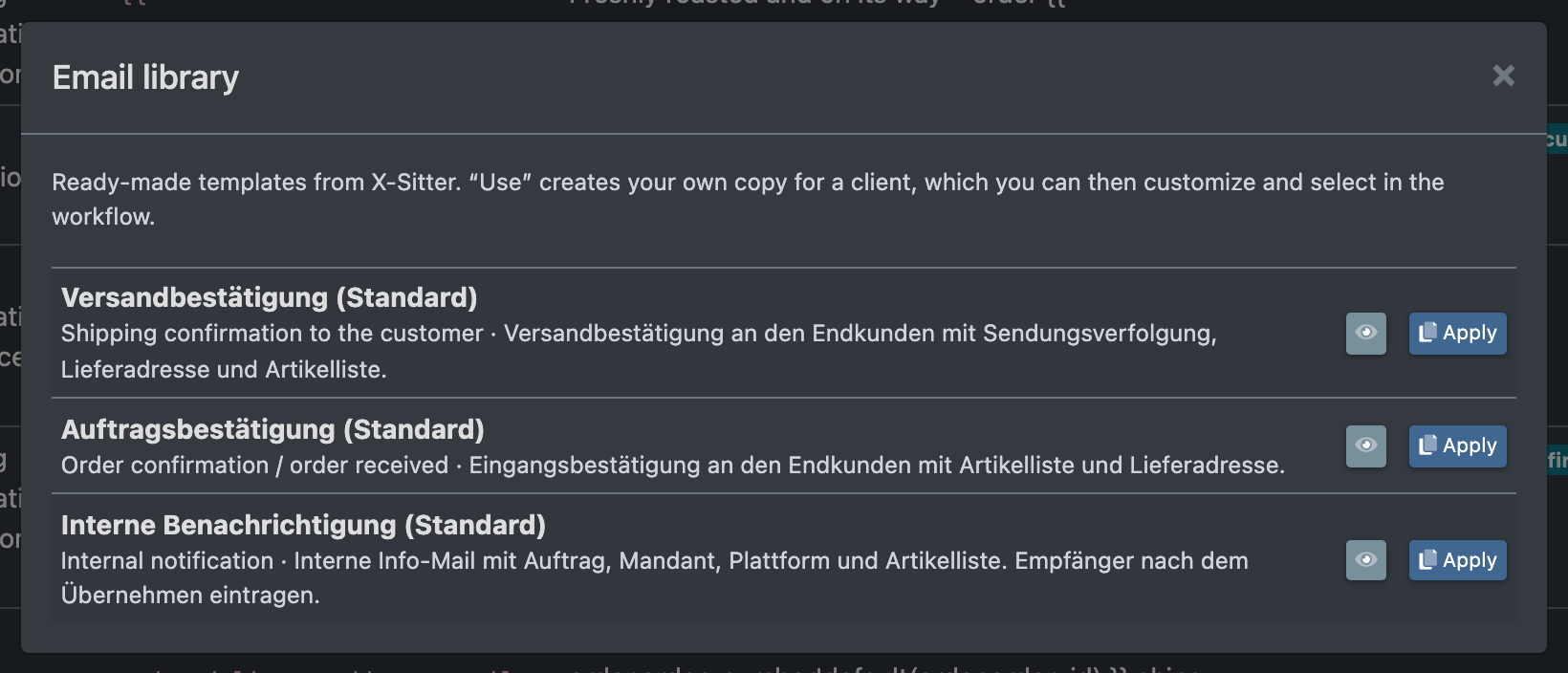 Screenshot: Email library dialog with ready-made templates and the Apply button