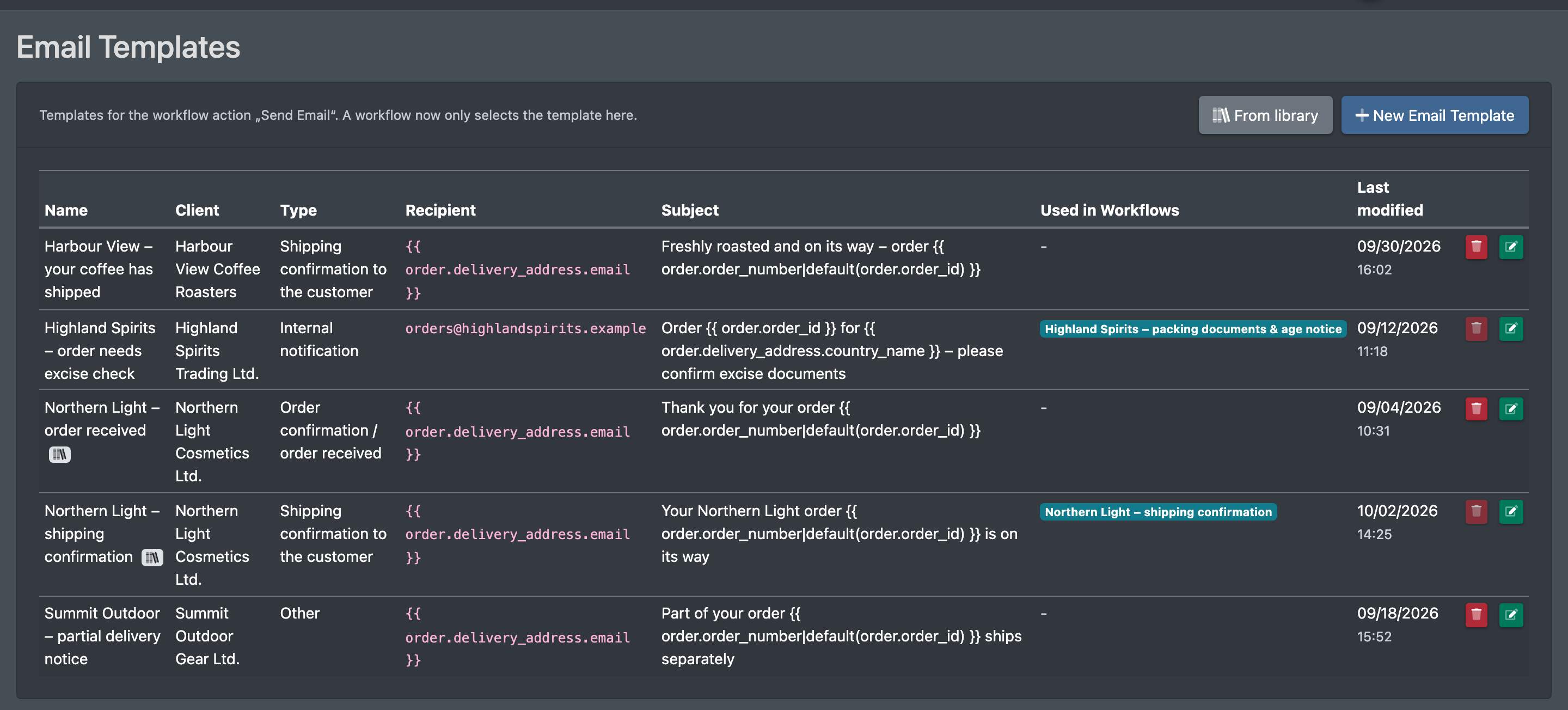 Screenshot: Email templates overview with name, client, type, recipient, subject and "Used in workflows"