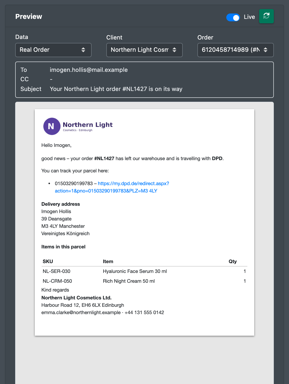Screenshot: Email preview with a real order selected