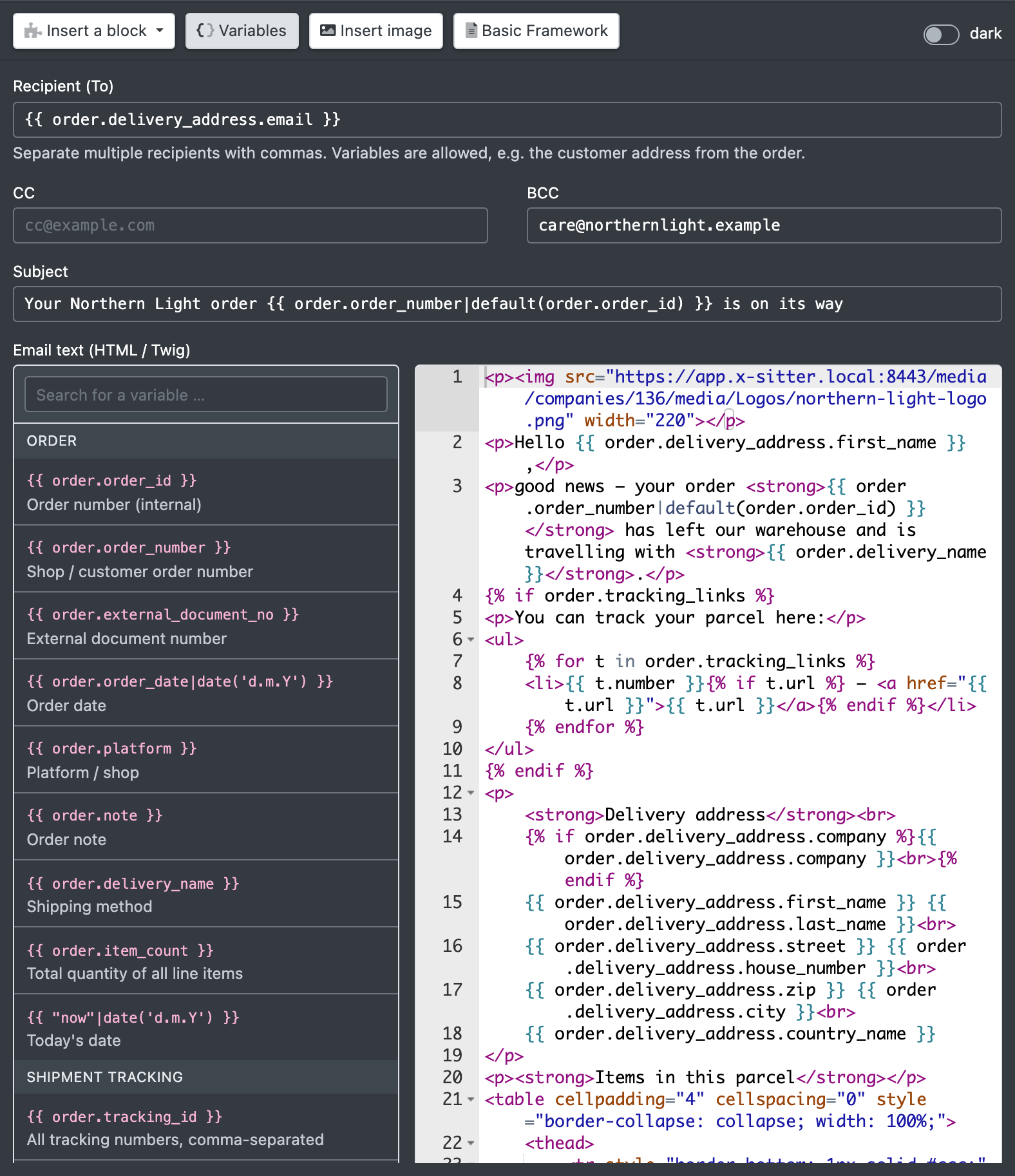 Screenshot: Variables panel opened next to the mail text with the search field
