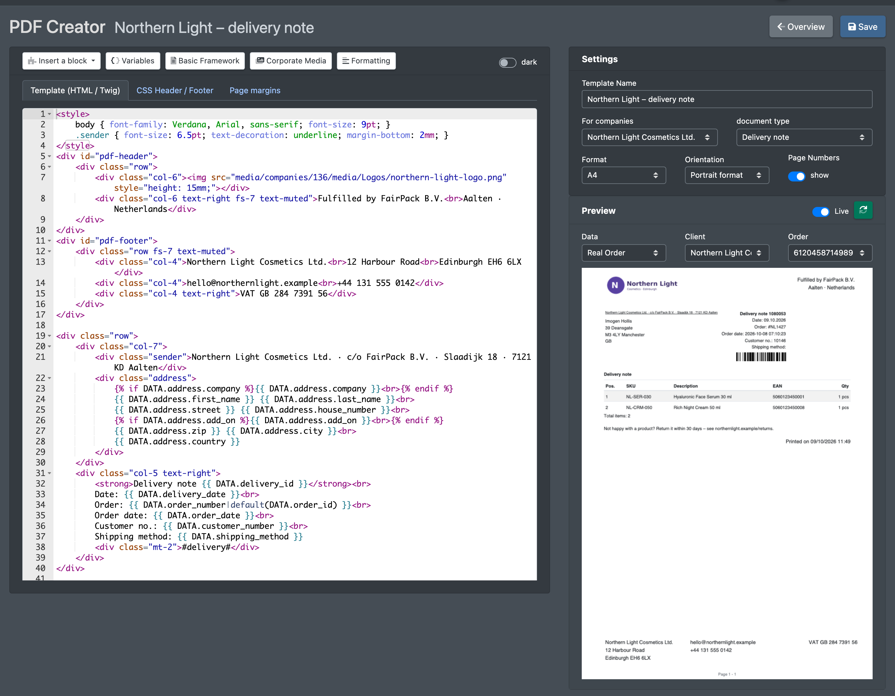 Screenshot: PDF Creator with the settings panel, the HTML editor and the live PDF preview