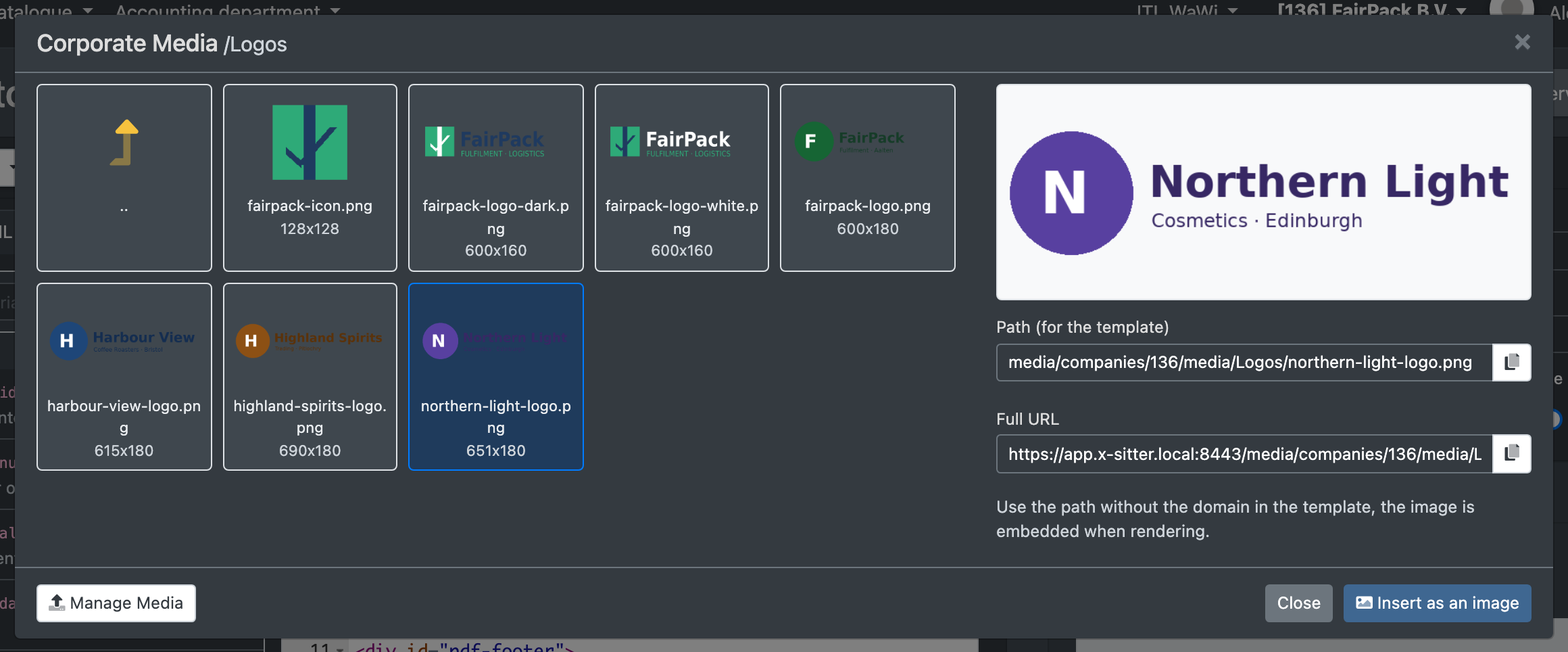 Screenshot: Company media dialog with an image selected and the "Copy path" button