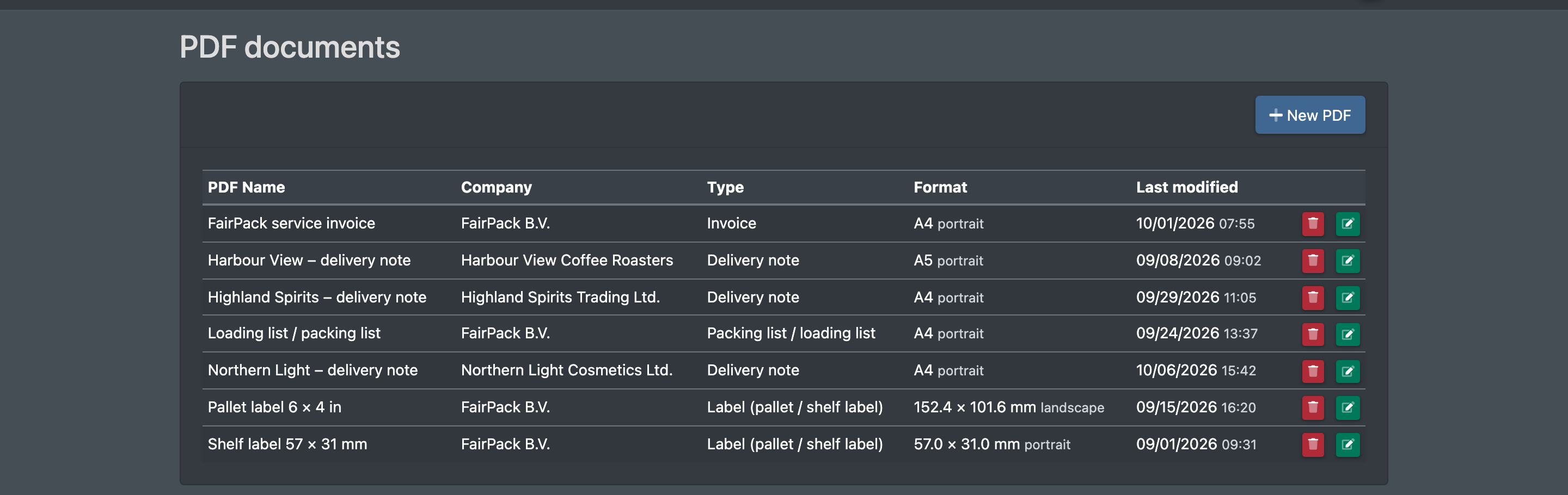 Screenshot: PDF documents overview with PDF name, company, type, format and last change