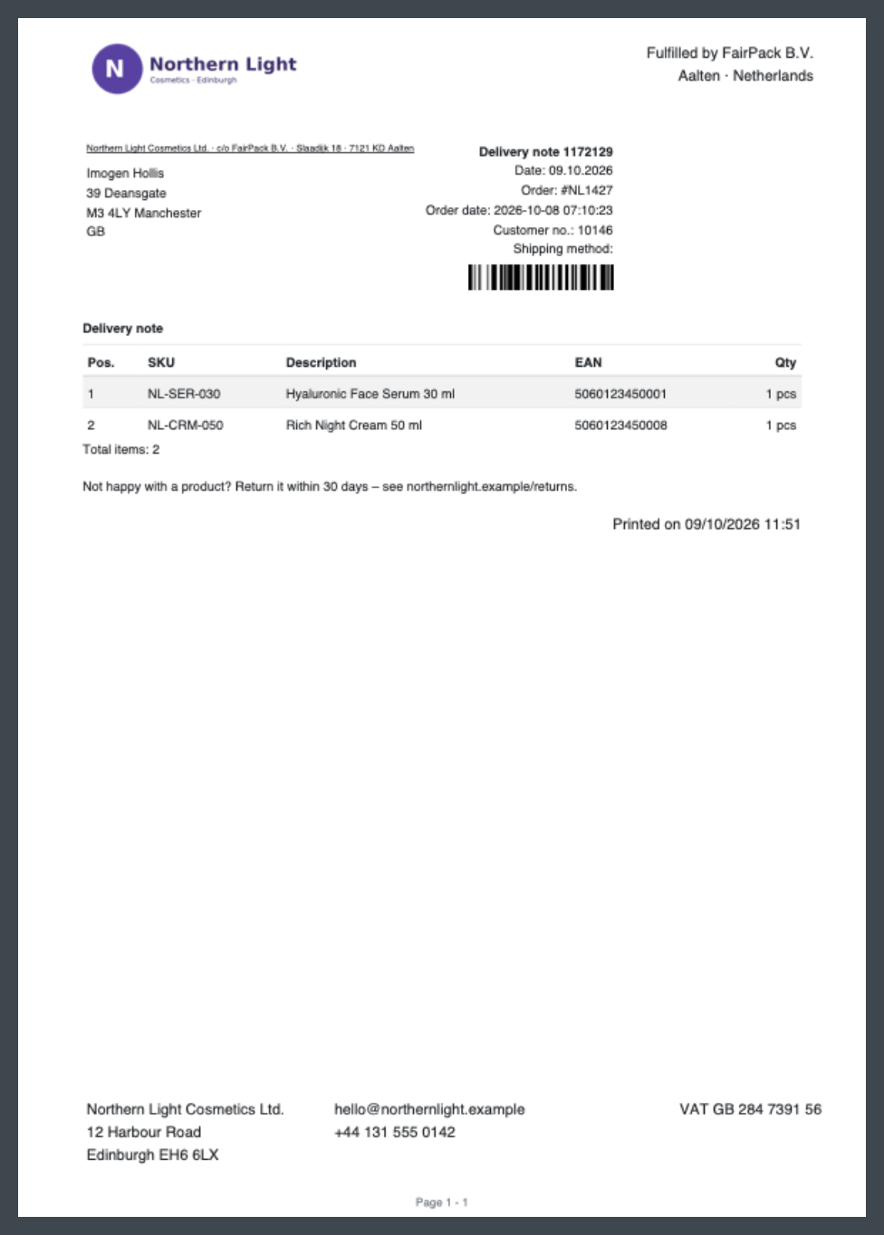 Screenshot: Preview of a delivery note template with sample data, barcode and position table