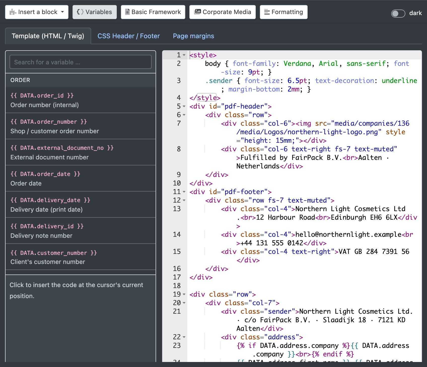 Screenshot: Variables panel of the PDF Creator for the document type delivery note