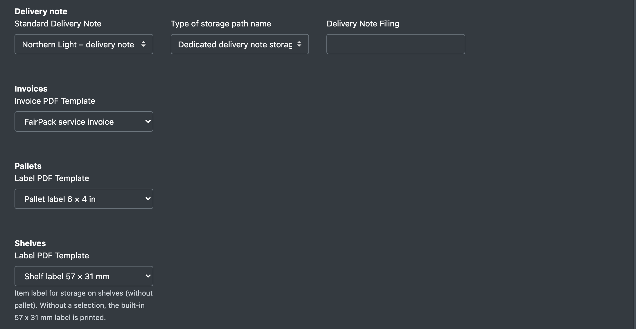 Screenshot: Warehouse settings, tab Configurations, with the template selection fields