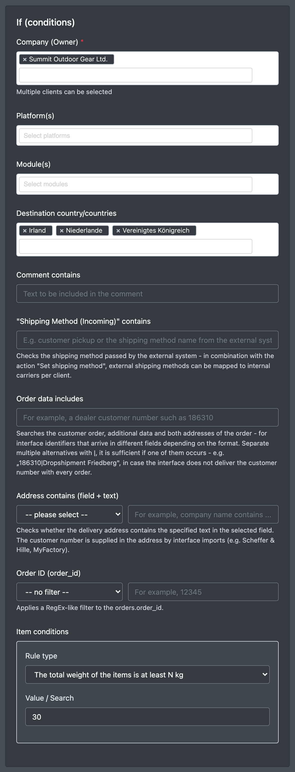 Screenshot: "If (conditions)" section with client selection, countries and an item rule