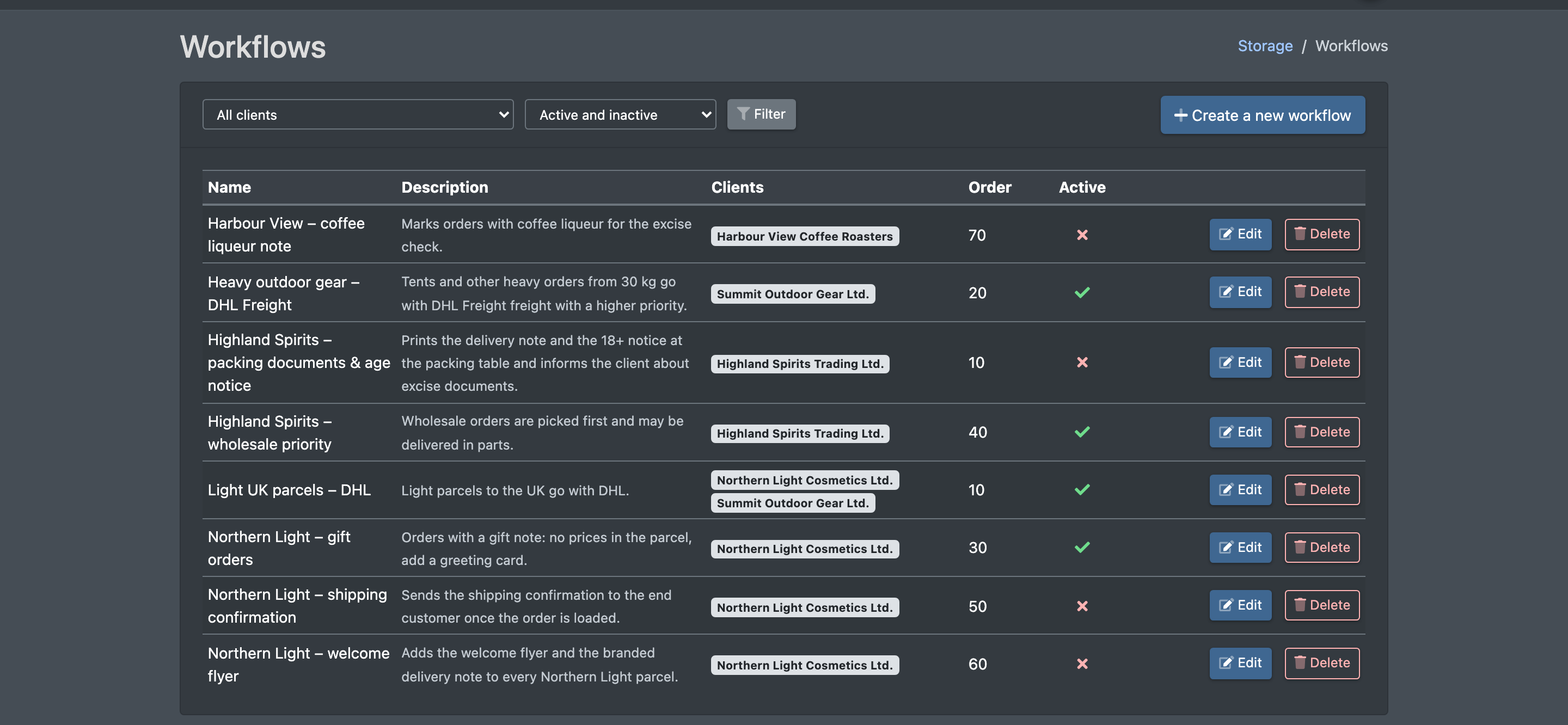 Screenshot: Workflow overview with client filter, active/inactive filter and a list of workflows