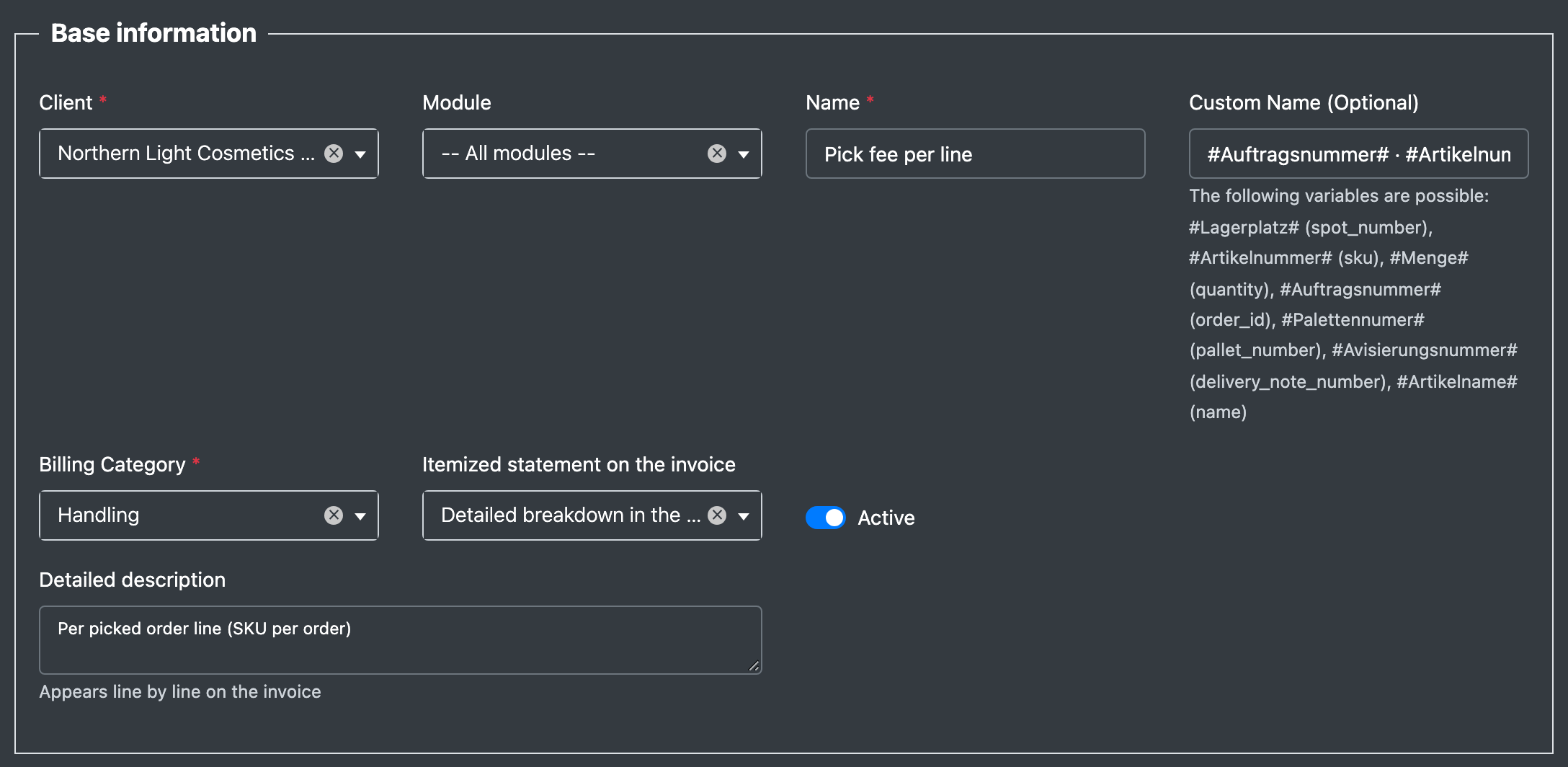 Screenshot: Section "Base information" of the item cost template form