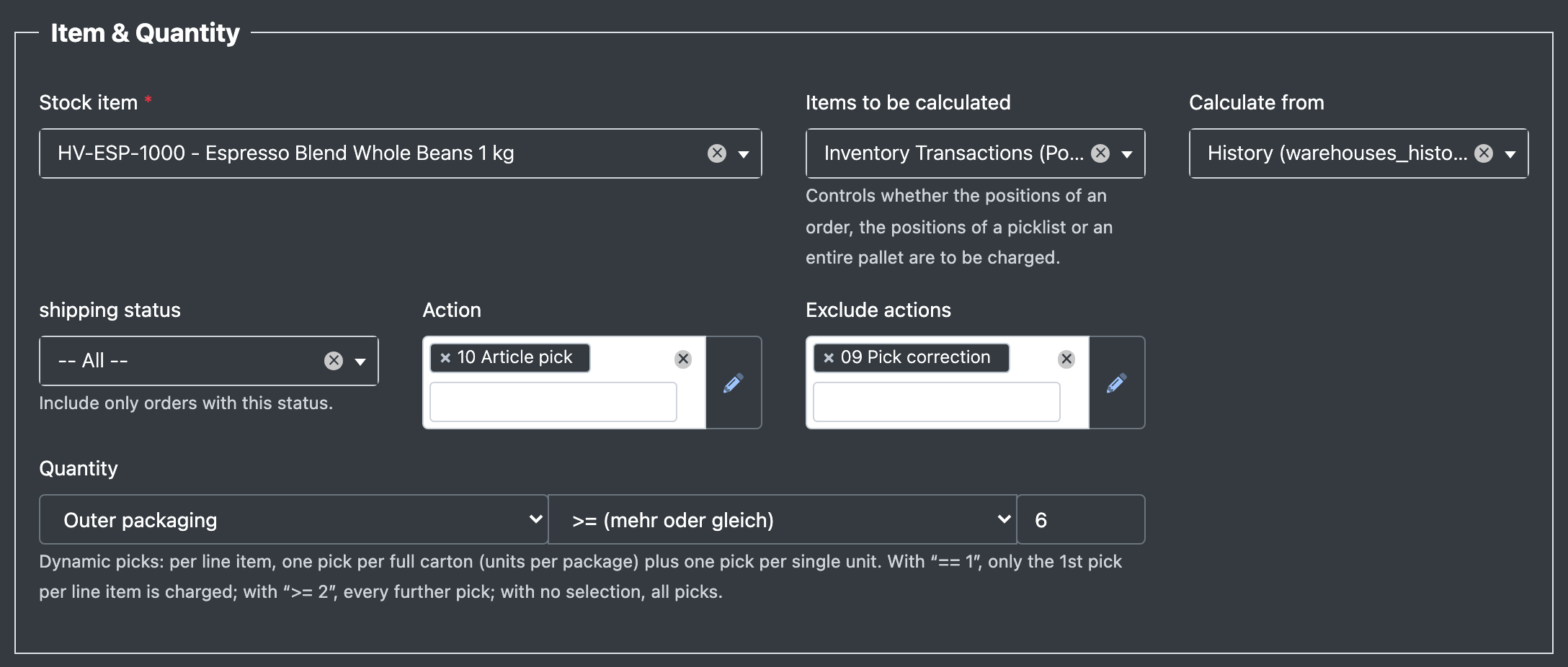 Screenshot: Section "Item & Quantity" with Stock item, Items to be calculated, Calculate from, Action and the Quantity row (unit, operator, number)