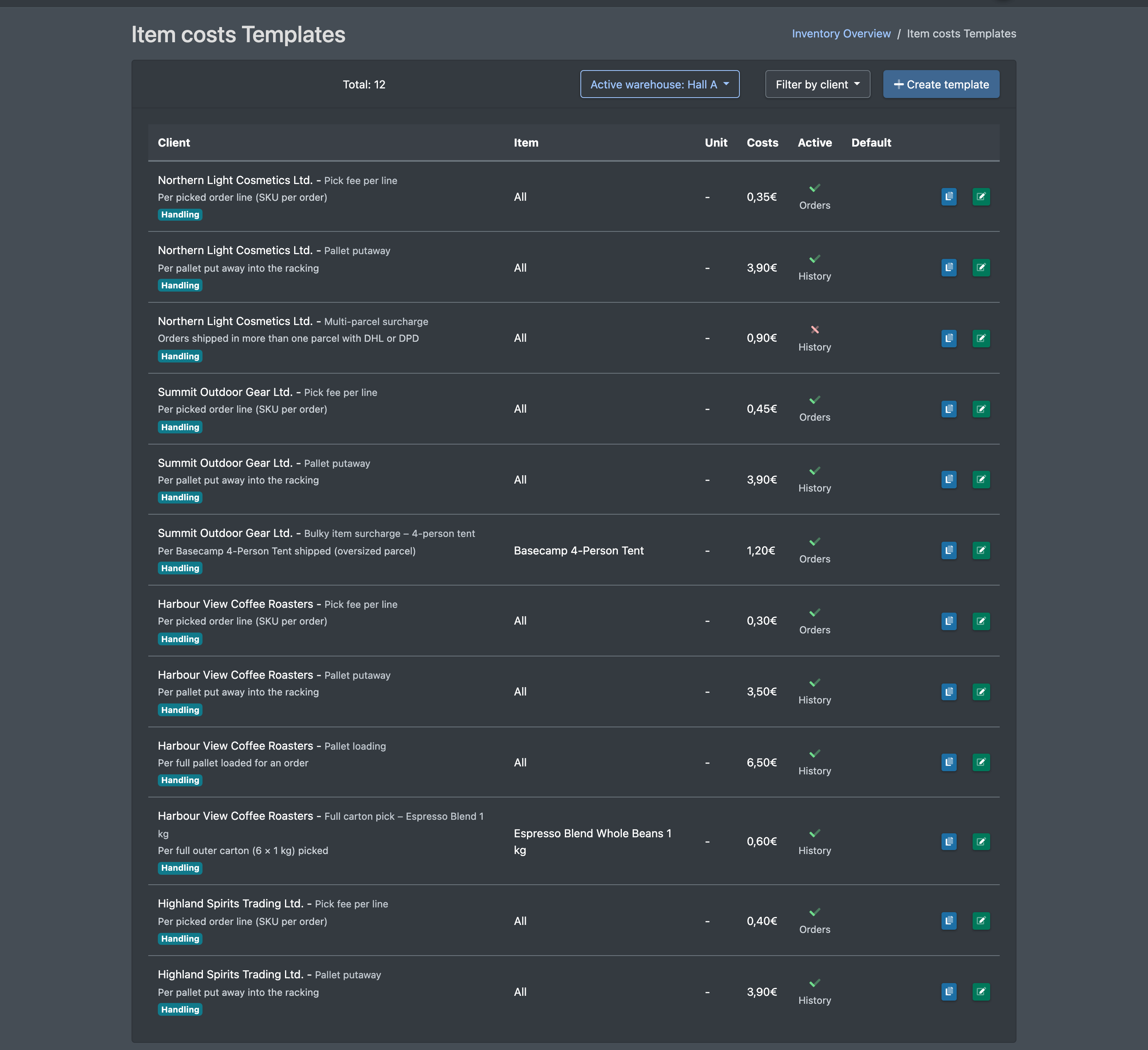 Screenshot: Item cost templates list with client filter, columns Client, Item, Unit, Costs and Active