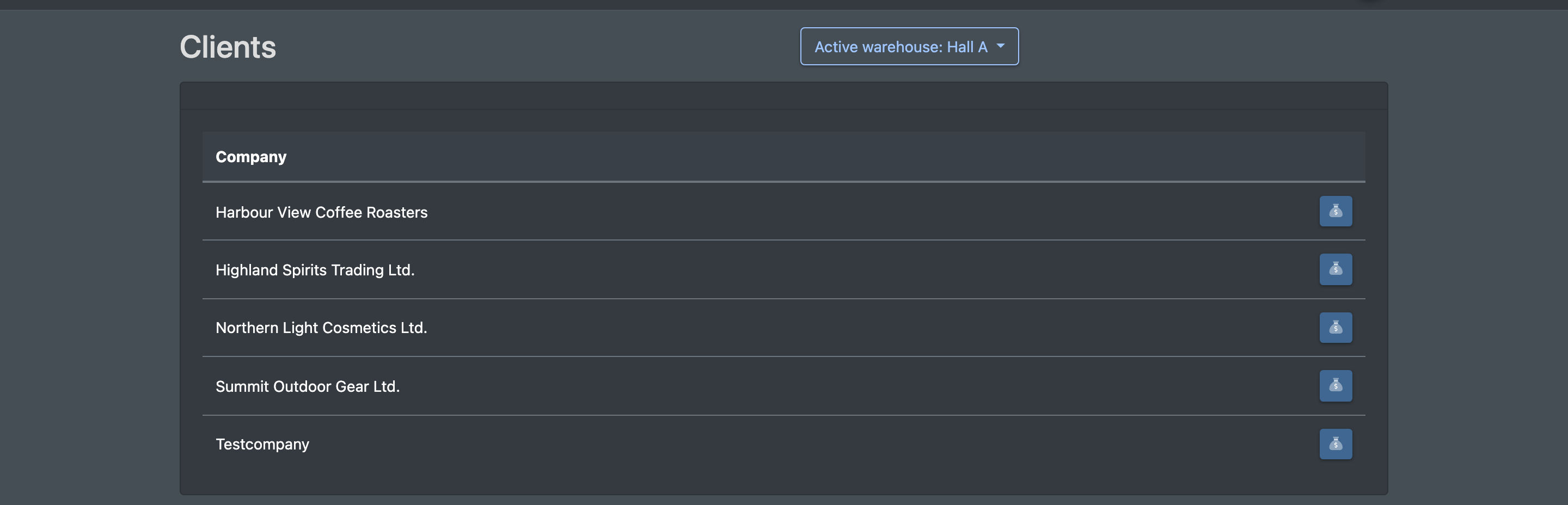 Screenshot: Page "Clients" under Client Billing with the list of active clients and the money button per row
