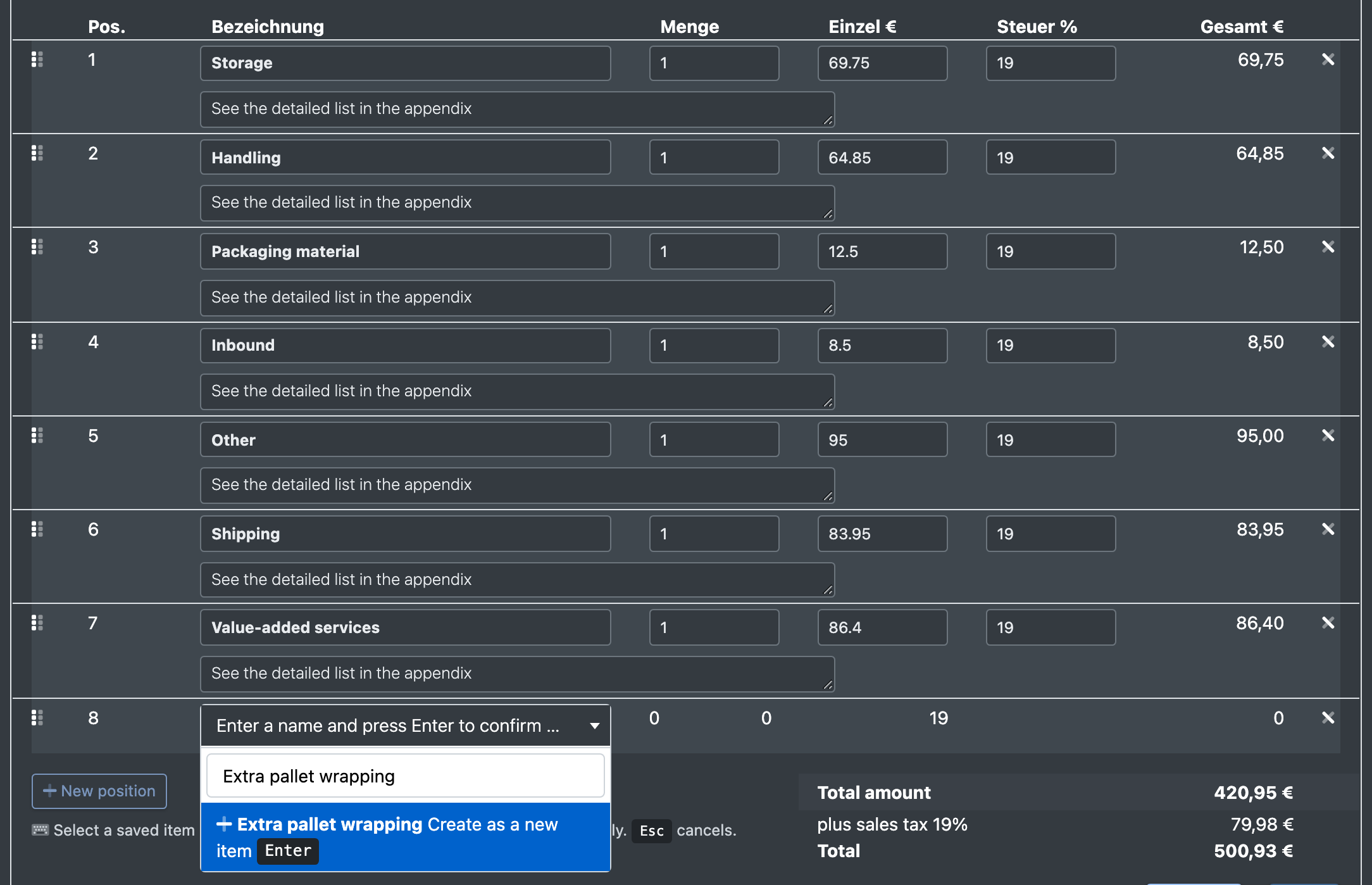 Screenshot: "New position" field opened with the list of saved invoice items and a manually typed line
