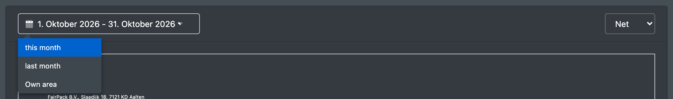 Screenshot: Storage costs billing page with the period selector (this month, last month, custom range) and the Net/Gross switch
