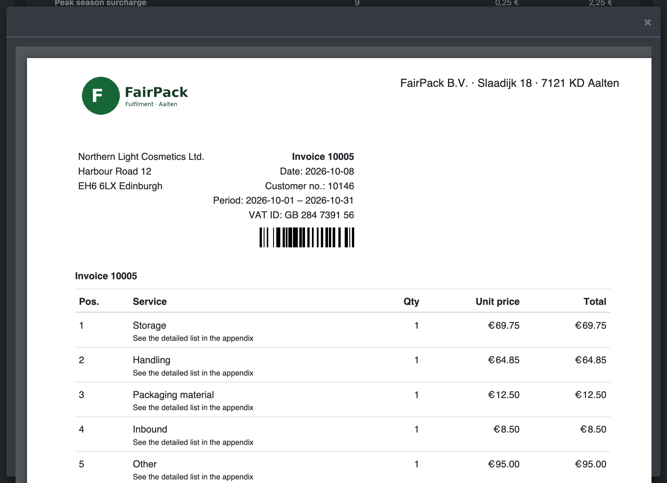 Screenshot: PDF preview window of the statement of services
