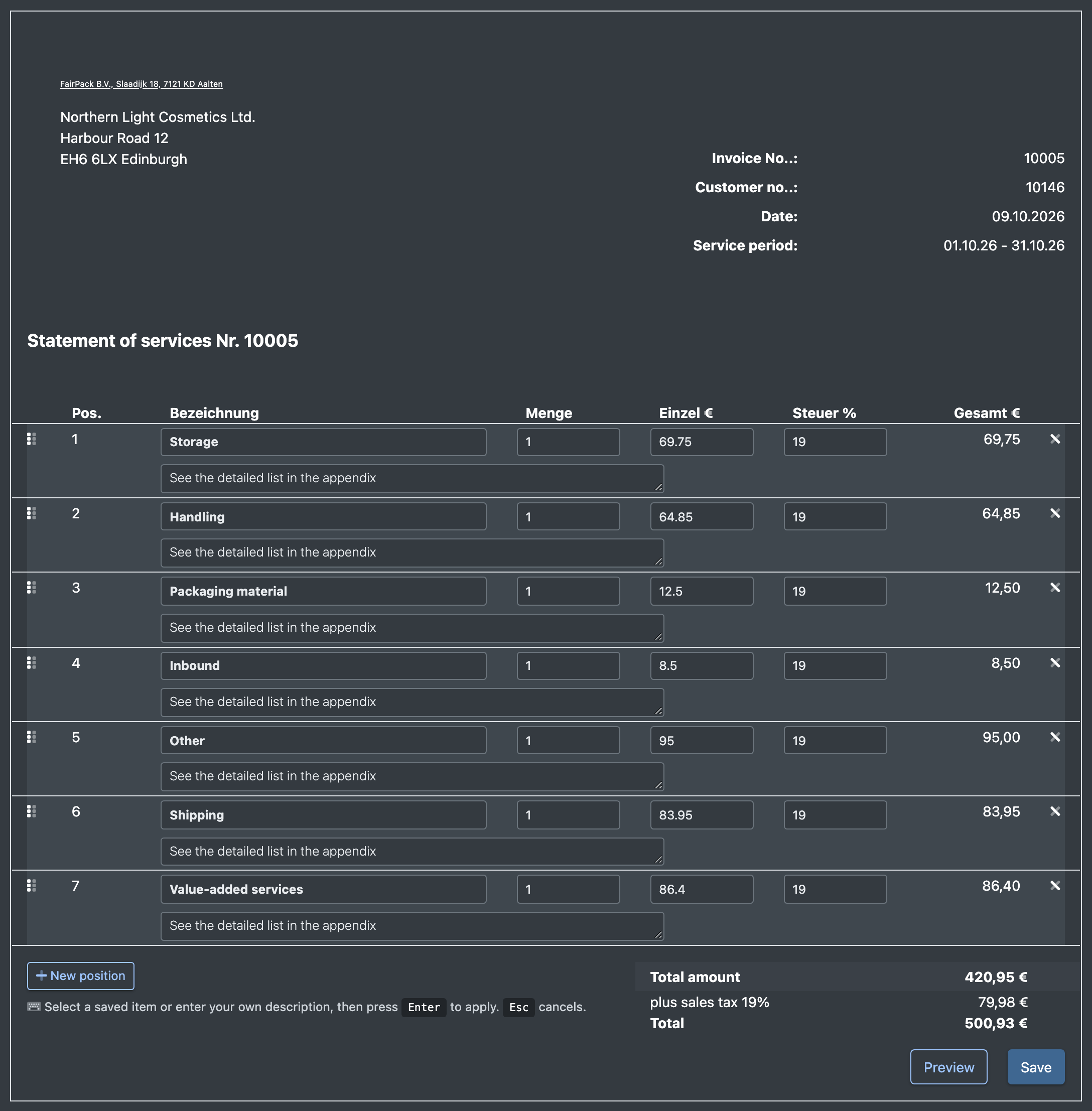 Screenshot: Statement of services with header data and one total line per service category